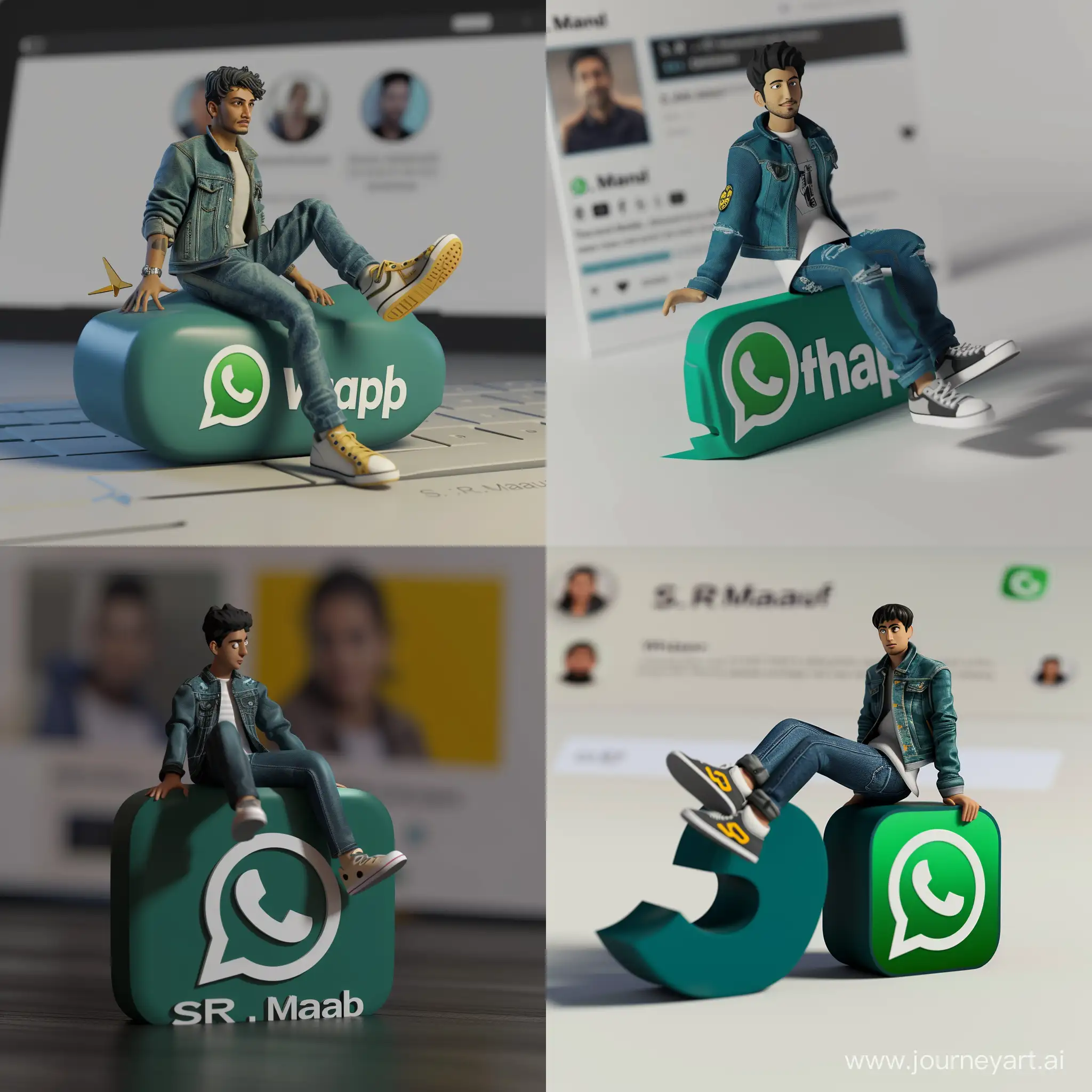 Create a 3D illustration of an animated character sitting casually on top of a social media logo "WhatsApp". The character must wear casual modern clothing such as jeans jacket and sneakers shoes. The background of the image is a social media profile page with a user name "S.R.Maruf" and a profile picture that match.