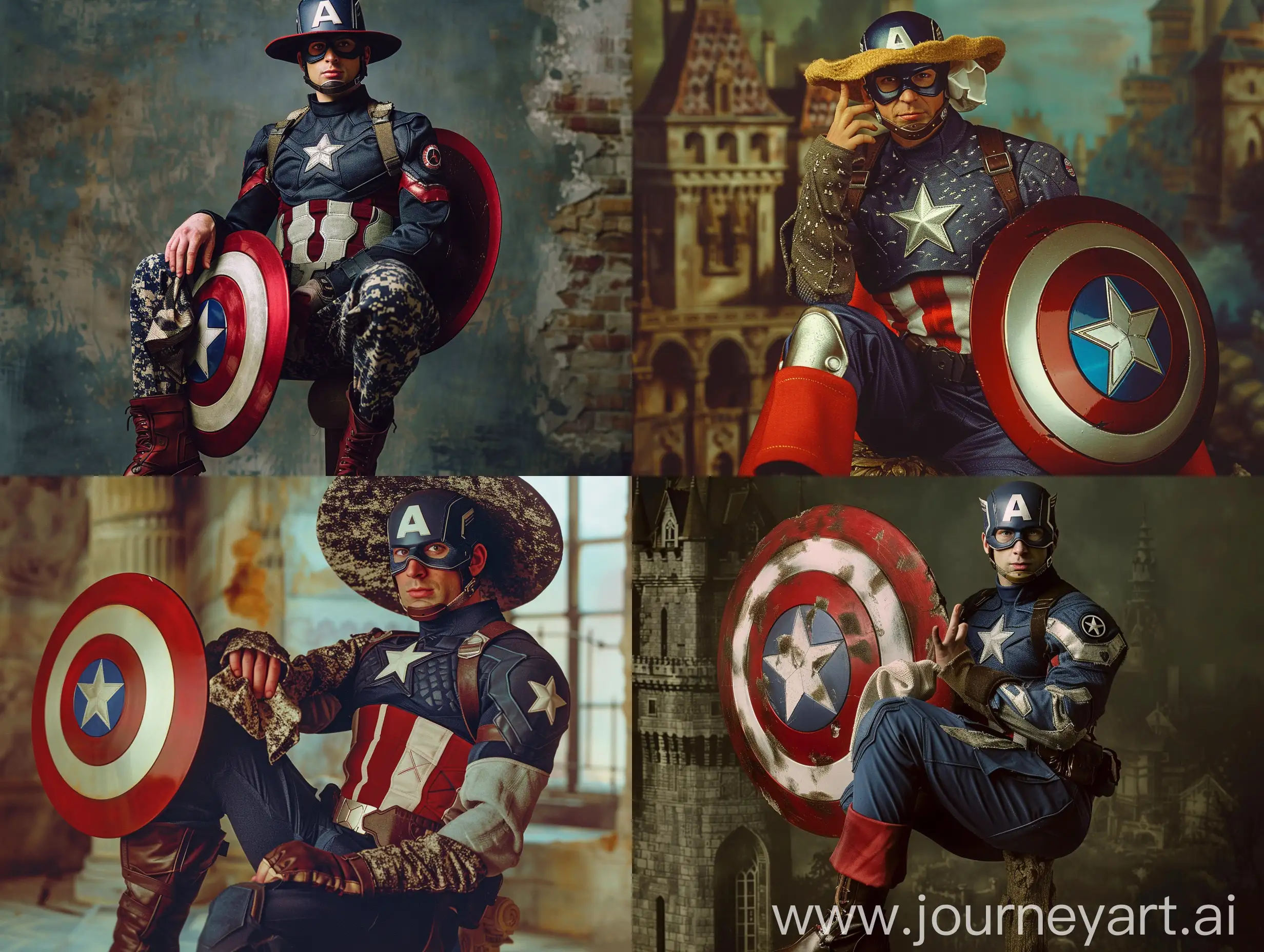 Captain America is a Marvel character, America is wearing a 80s military uniform, Captain America is wearing his Camelot hat, Captain America is like a crusader, Captain America has a 15th century castle type shield, Captain America has a shield on his left leg. It's American, Captain America is holding a handkerchief in the fingers of his right hand near the shield, Captain America is sitting on a stick in Camelot Palace, the lighting is classic style, Captain America's face is neither happy nor sad, excellent quality, very clear, very real, q2.