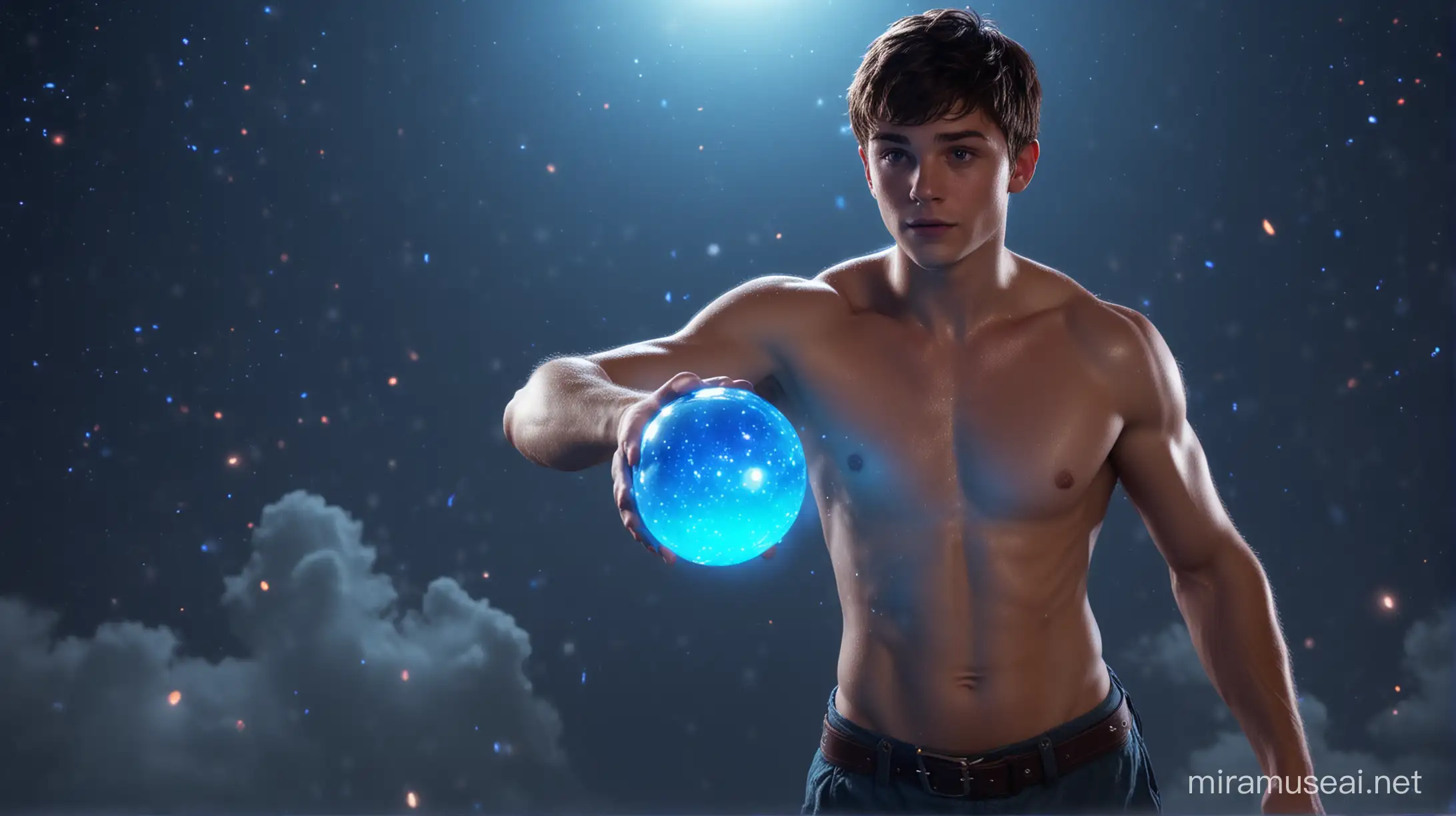 Muscular Shirtless Peter Pan Flying with Blue Orb in Neon Night Sky