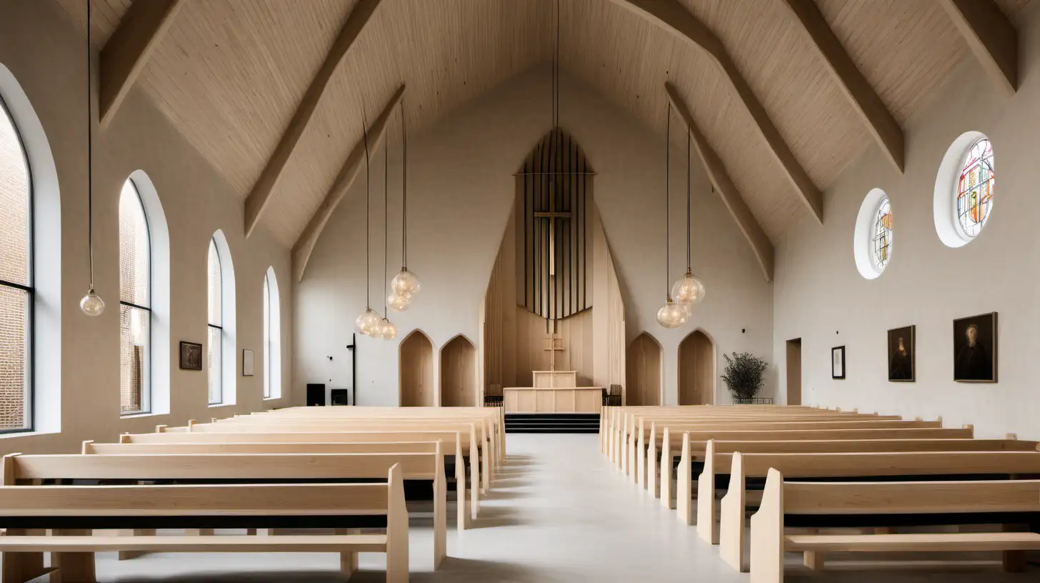 A classic contemporary large minimalist church
 with limewash walls in Bauwerk Bone; blonde oak cabinets; brass lighting; high ceilings; 