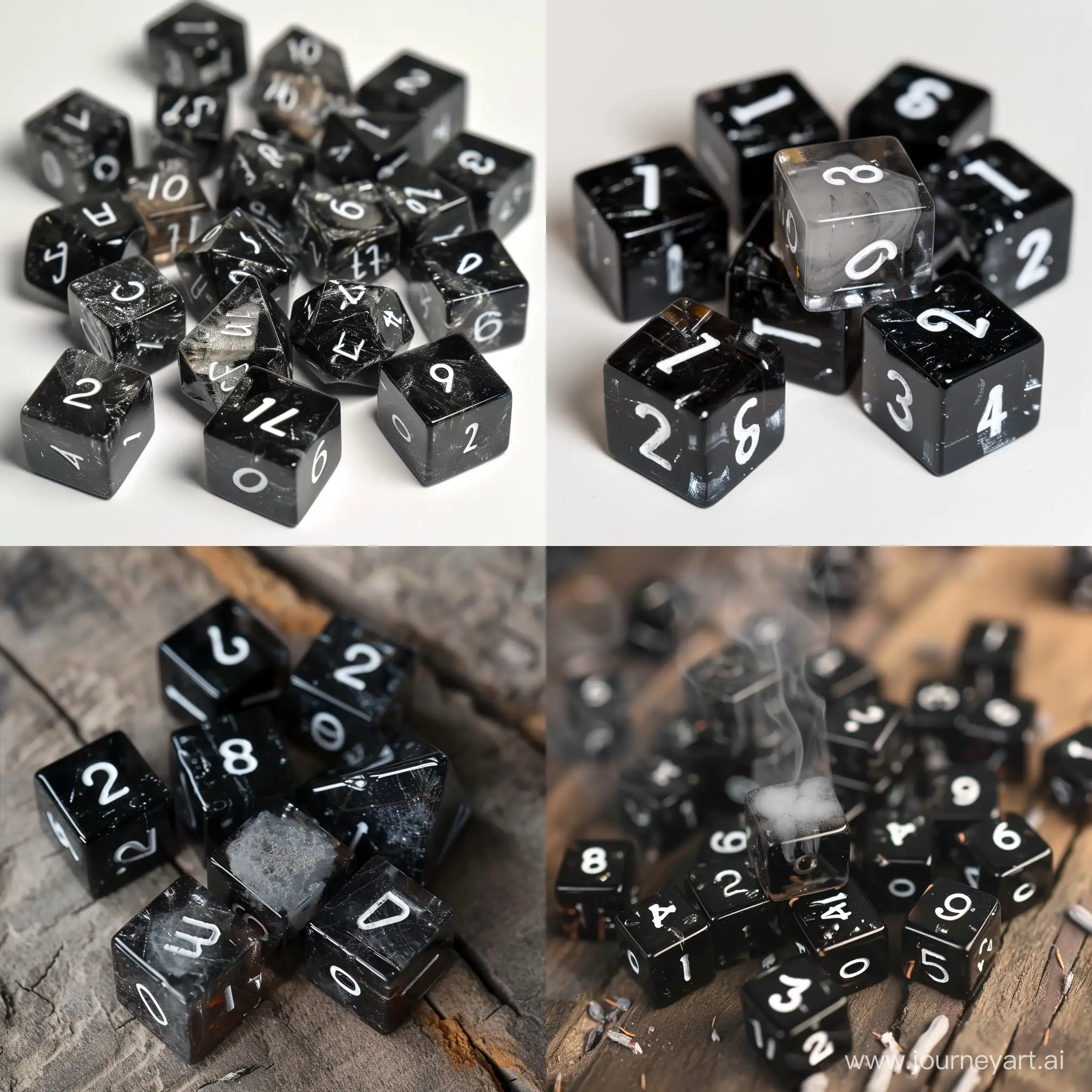 Black transparent d20 epoxy resin cubes with a small amount of gray smoke inside, and with white numbers on it