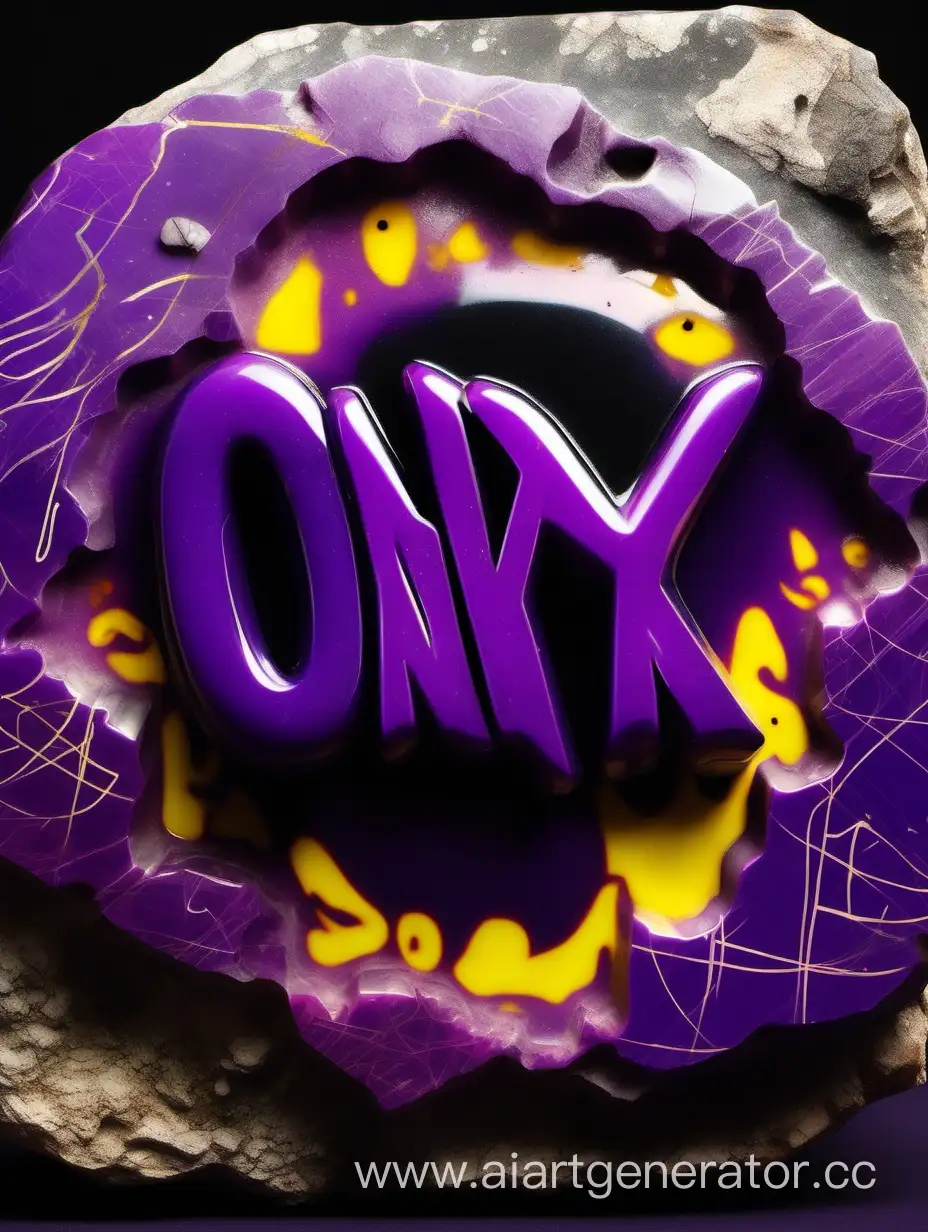 Пурпурно-фиолетовый слегка светящийся камень оникс с гоночно-желтым надписью текстом по центру ONYX в стиле граффити