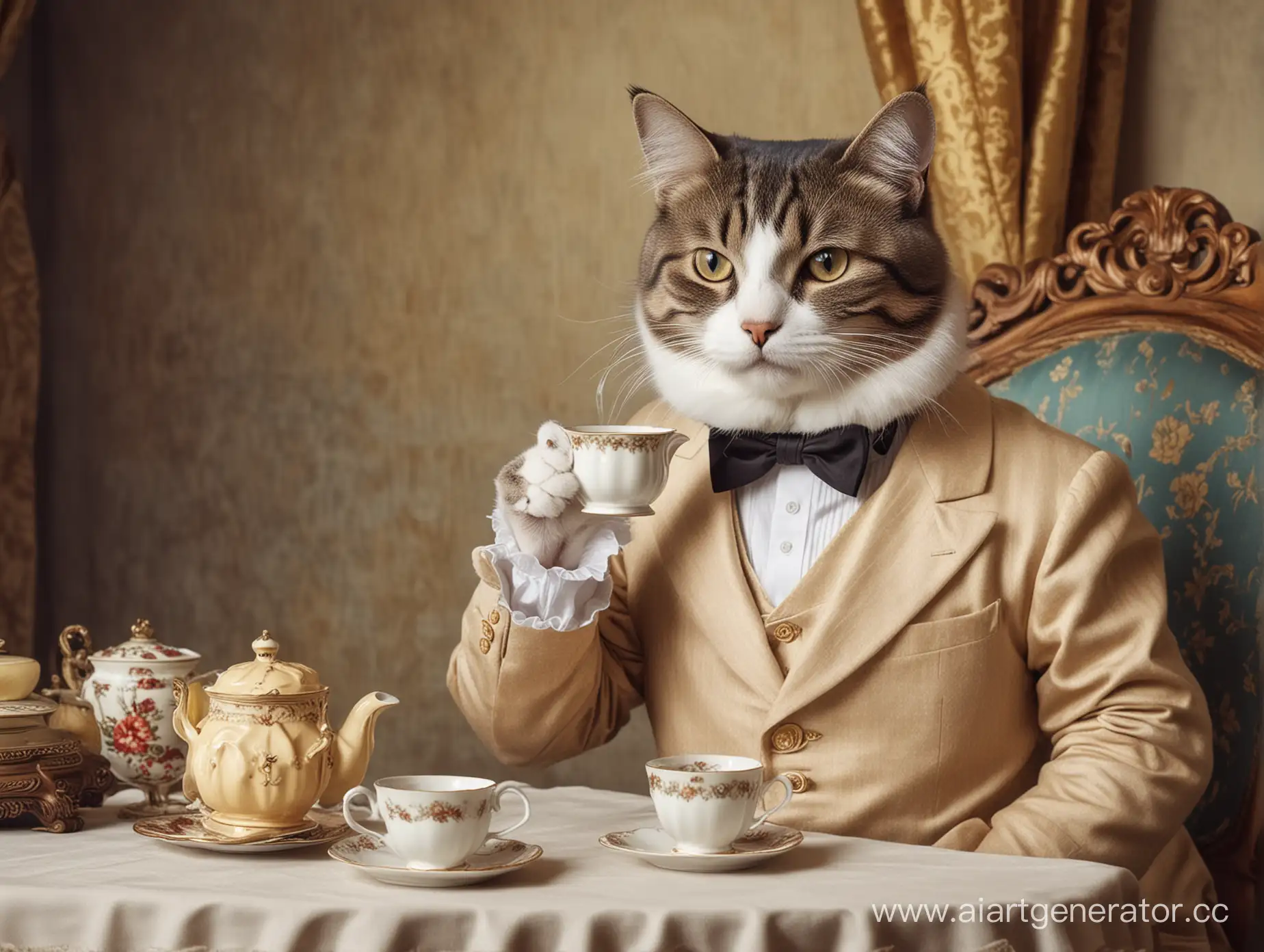 усатый  кот в классическом костюме пьет чай