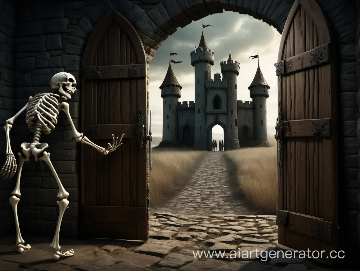 на переднем плане замок, на заднем :
Открытая дверь, от туда виднеется свет,за дверьми 2 мертвых скелета фентези, средневековье, дальний фон. Детализация