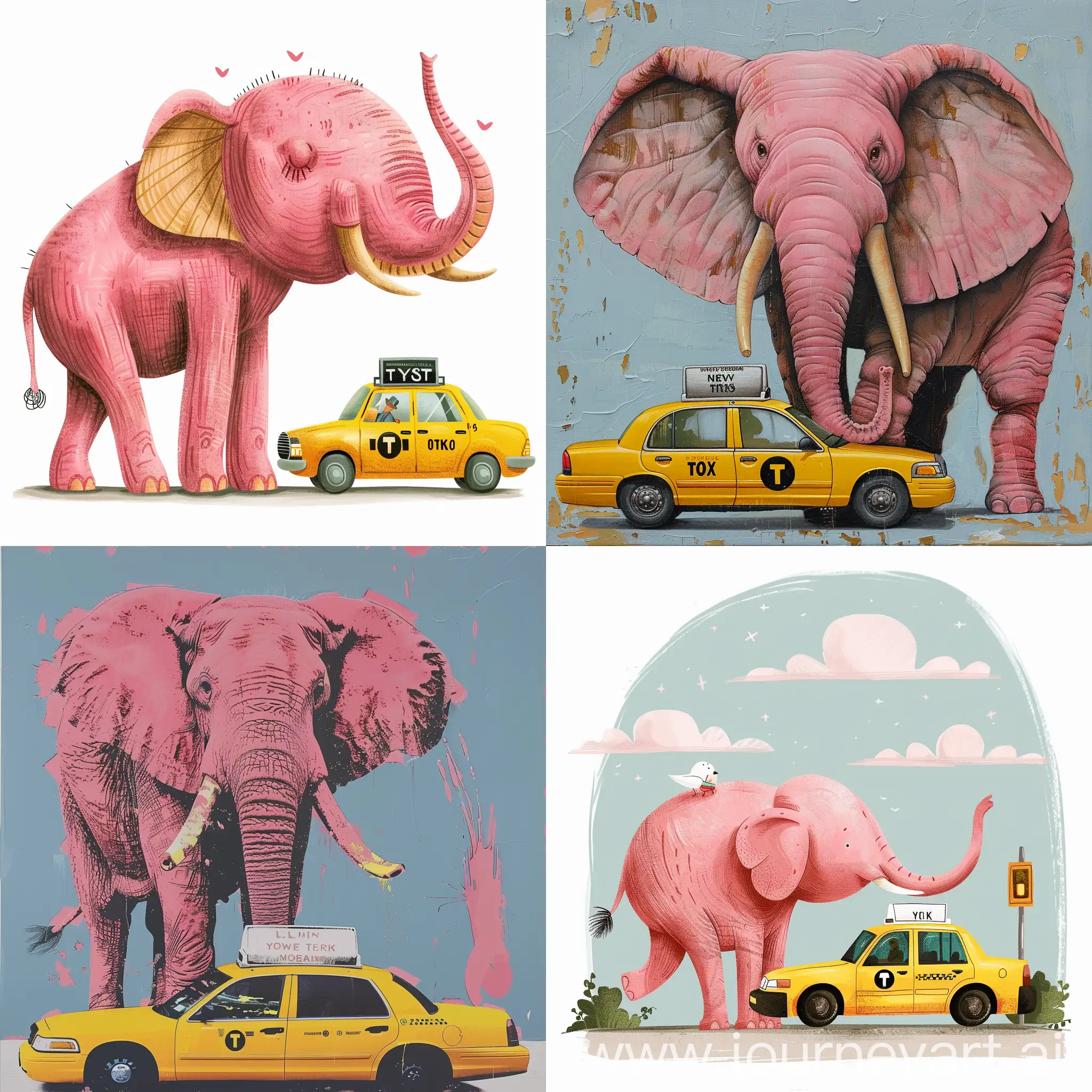 Big pink elephant with a yellow taxi