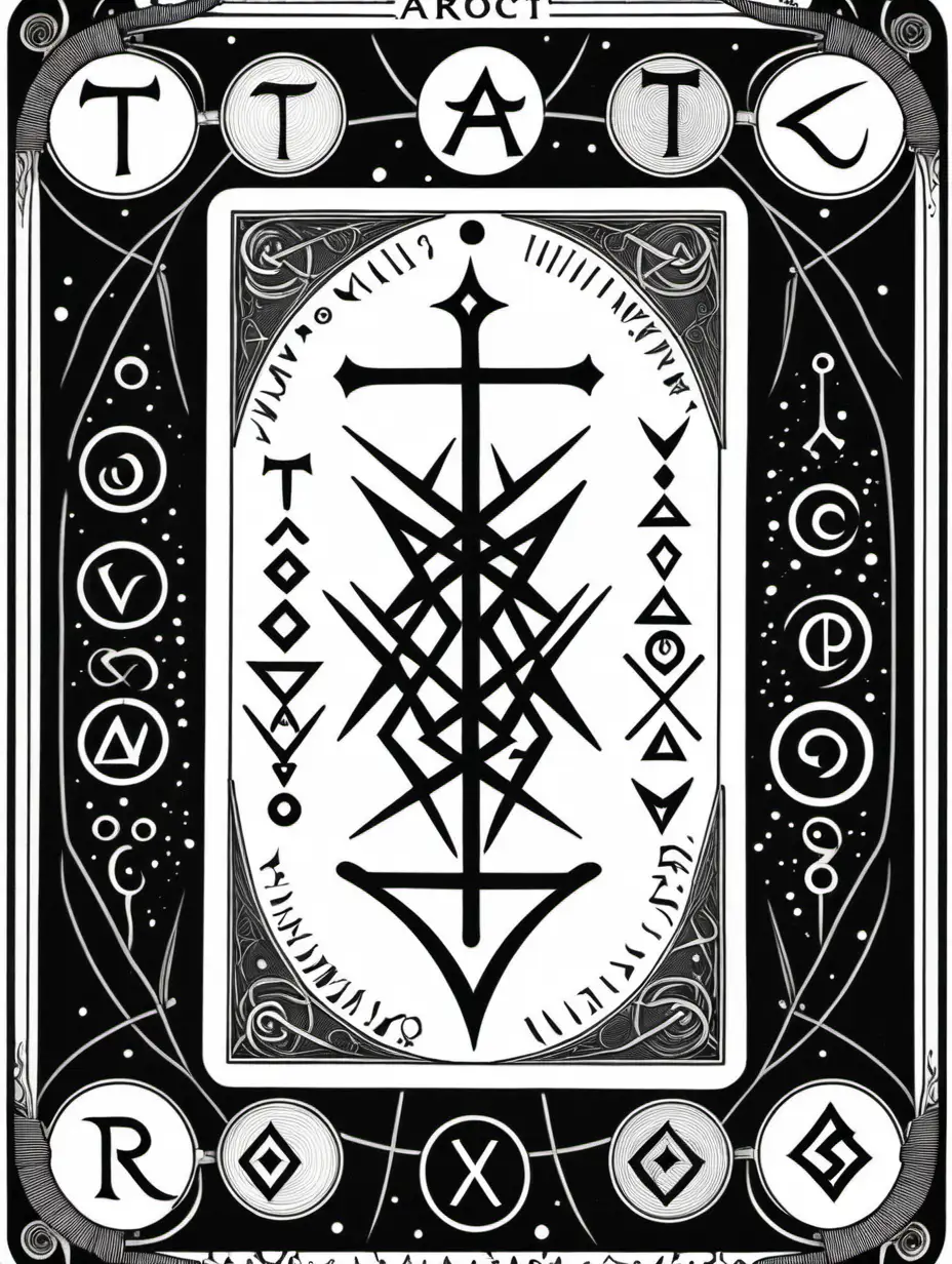 a black and white tarot card with occult runes on the border of the card