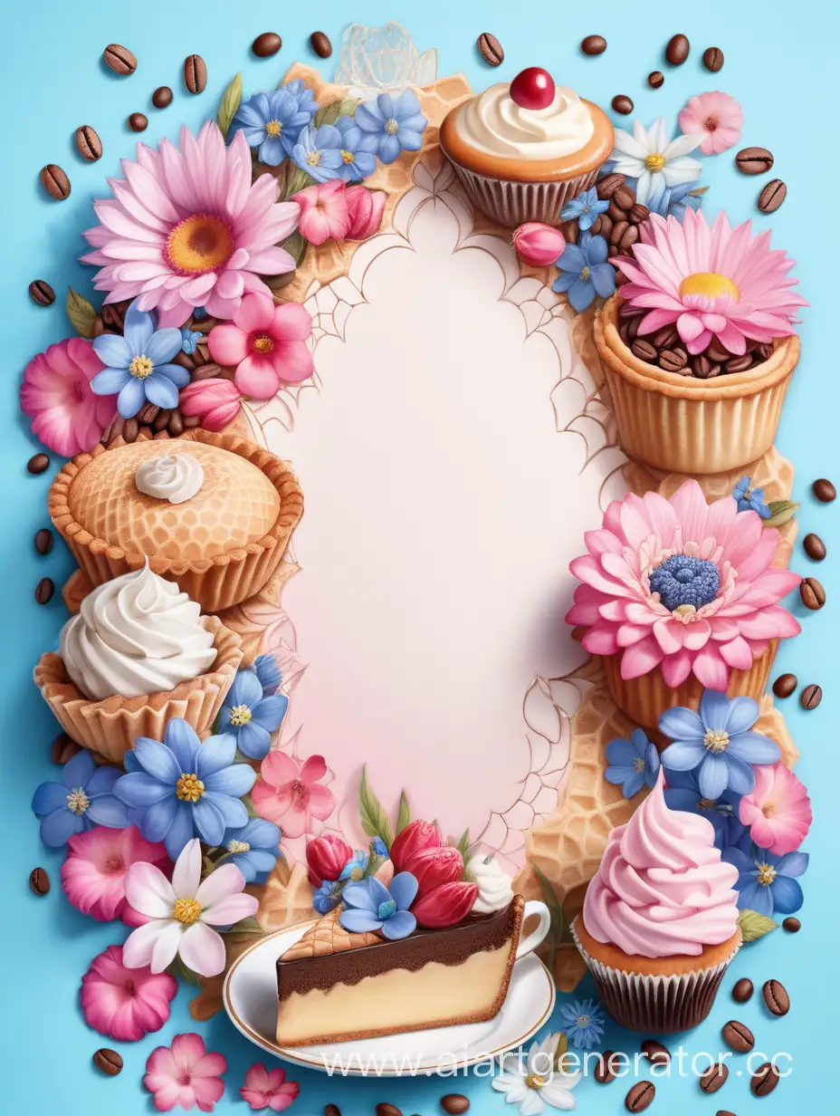 рамка на картину в виде пчелиных сот с большими розовыми цветами и маленькими синими цветами, вокруг хаотично расположены различные торты и пироги, вместе с зернами кофе