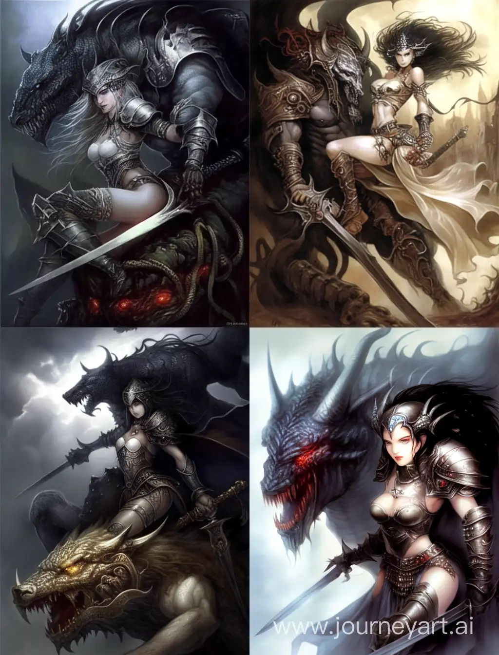Beautiful fantasy art, Female Warrior girl rules alongside enormous wicked creature, In the style of Luis royo 