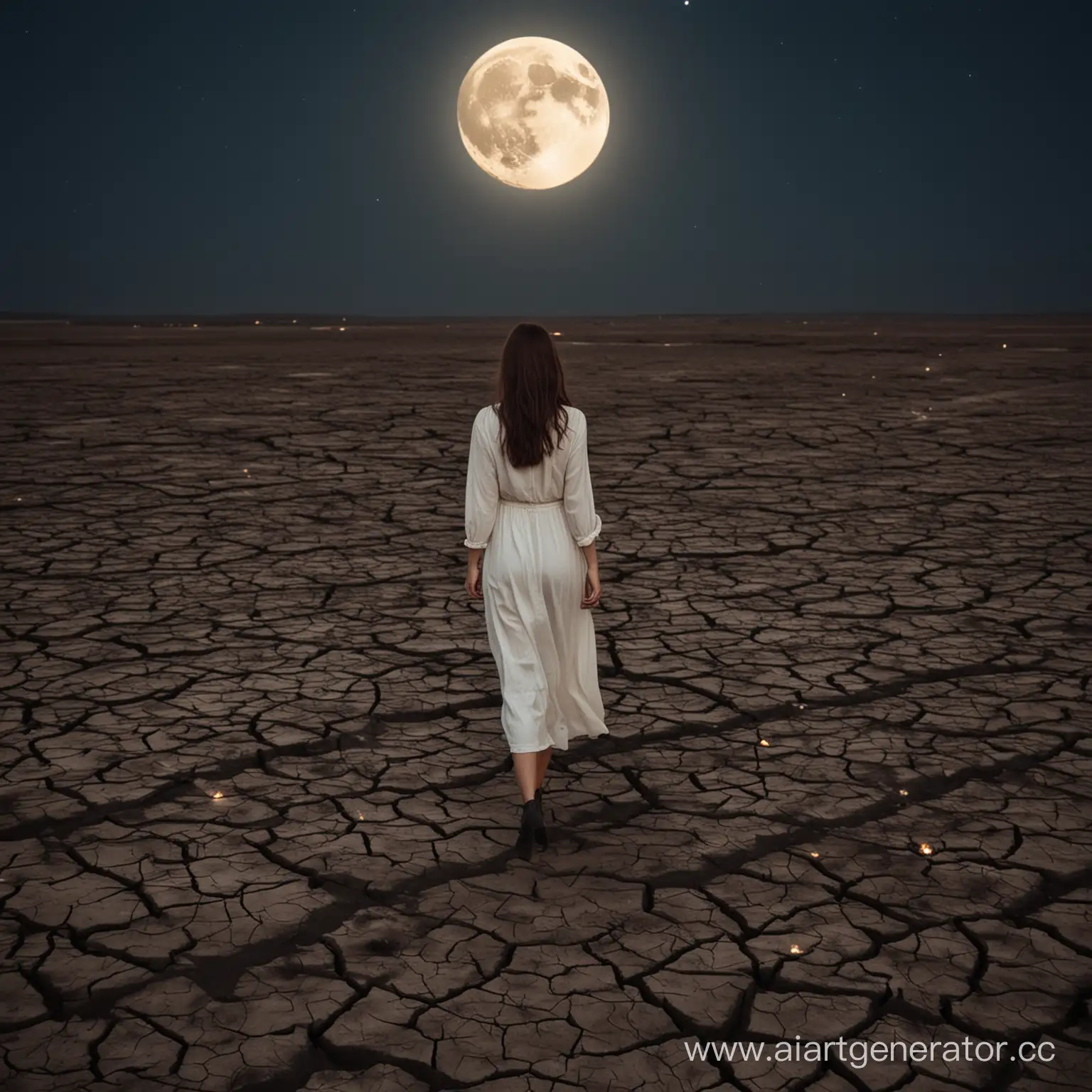 Stunning-Woman-Strolling-through-Moonlit-Scorched-Field
