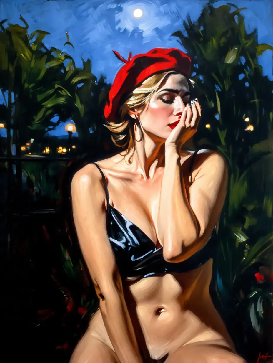 (naked:1.3) woman , bra , medium teardrop breasts , sitting in garden , looking to side , her hand is on her face , cooper hair , red beret , (night scene:1.3) , painting style  expressionism , jagged lines, painting by (Fabian Perez:1.3)