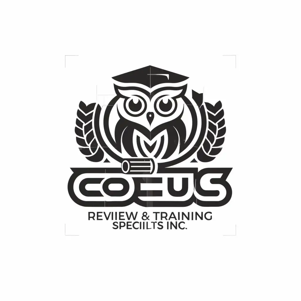 a logo design,with the text "Coeus Review and training specialist Inc.", main symbol:An owl with graduation cap and holding a rolled certificate inside a badge,Minimalistic,be used in Education industry,clear background