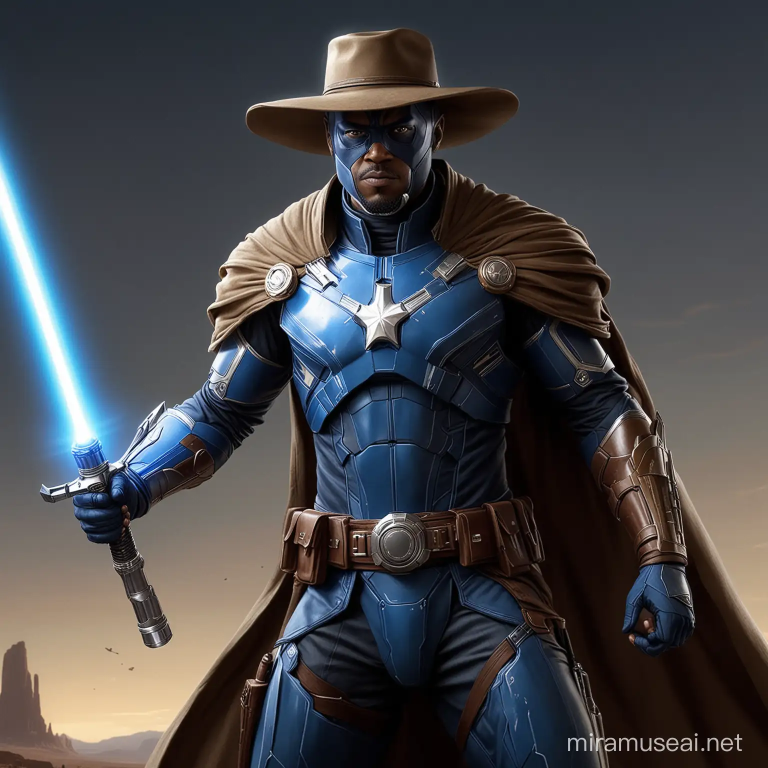 A hyper realistic image of Blue Marvel as a Star wars Jedi wearing blue armour and a brown cowboy hat, holding a white lightsaber, 
