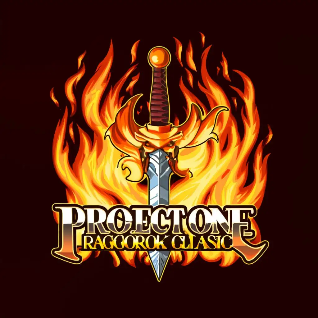 logo, Ragnarok Game Online
Fire
Sword
, with the text "Project ONE
Ragnarok Classic
", typography, be used in Entertainment industry