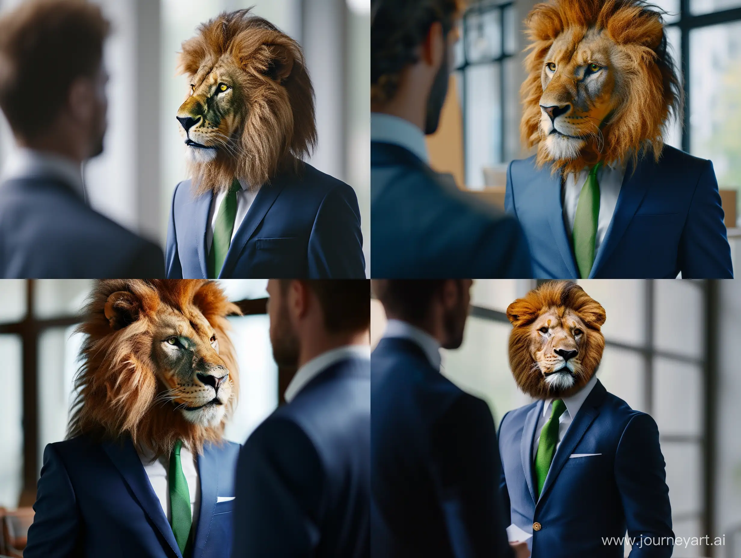 a man with a lion's head communicates with a client in the office. The man is dressed in a classic blue suit with a green tie, he is 26 years old.