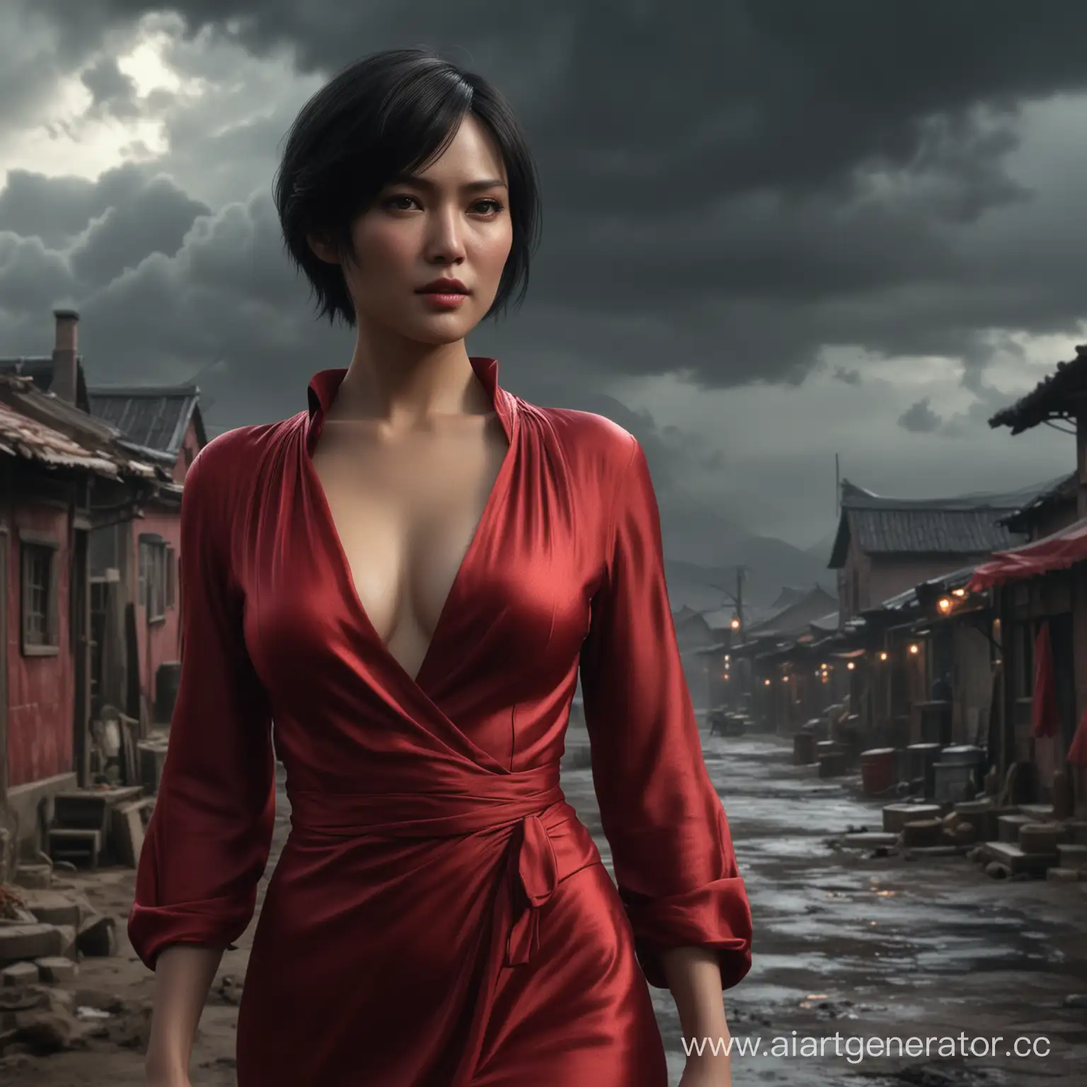Ada Wong, in a swaying long red silk dress, stands tall against a desolate village, overcast and somber skies compose the backdrop, her hair lifted by the brisk air, mystery and allure in her stance, capturing a sense of fortitude amidst a setting filled with foreboding, chiaroscuro lighting, ultra realistic, cinematic, UHD drawing.