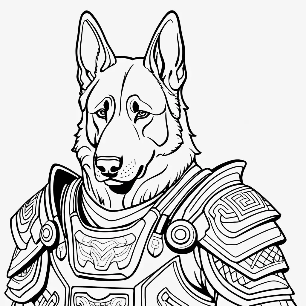 Design a easy to color, continuous line drawing with white background, one line, line art, coloring page for adults, German Shepherd samurai. The image should be no color in image.--ar 17:22 --style raw