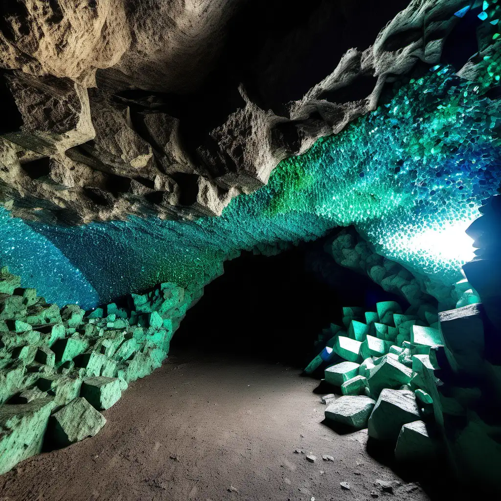 cave with bright blue green little cristals on the walls, thousands of very small stones on the walls