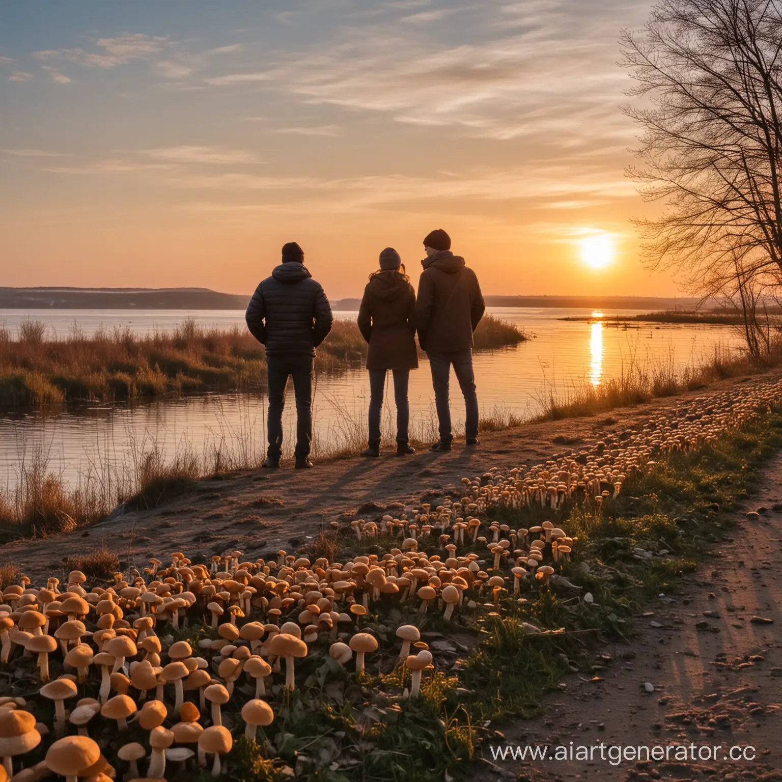 два лучших друга смотрят на закат на набережной реки Волга под грибами