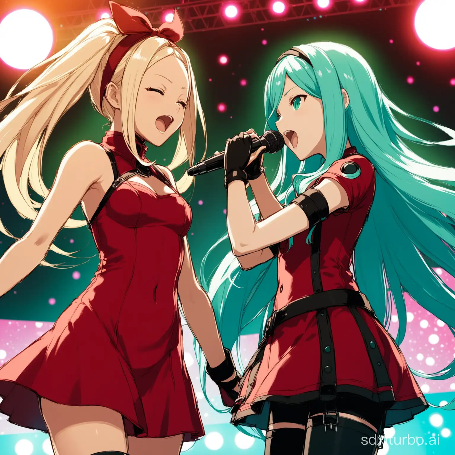 Kat-from-Gravity-Rush-2-and-Miku-Hatsune-Performing-Together-on-Stage-in-Vibrant-Red-Attire