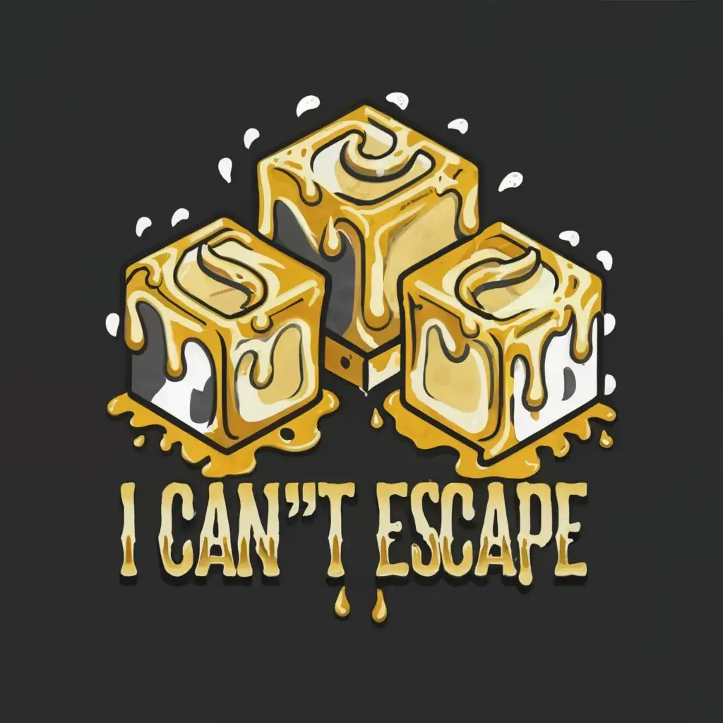 a logo design, with gold text 'I Can't Escape', main symbol: Melting Ice Cubes with Water droplets and the Ice Cubes have prison bars in the middle of them, Moderate, white background