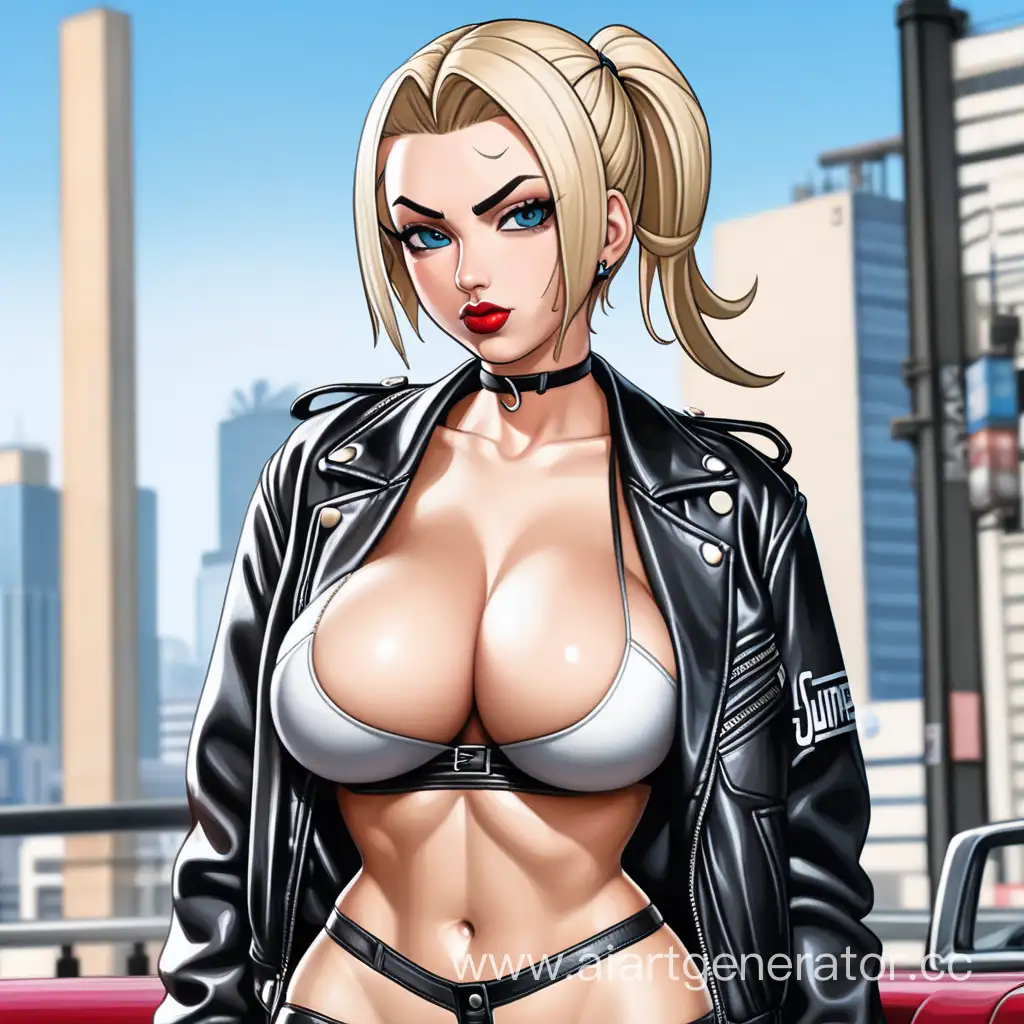 Blonde-Girl-Posing-in-Leather-Jacket-at-Urban-Bar-GTA-Style-Art