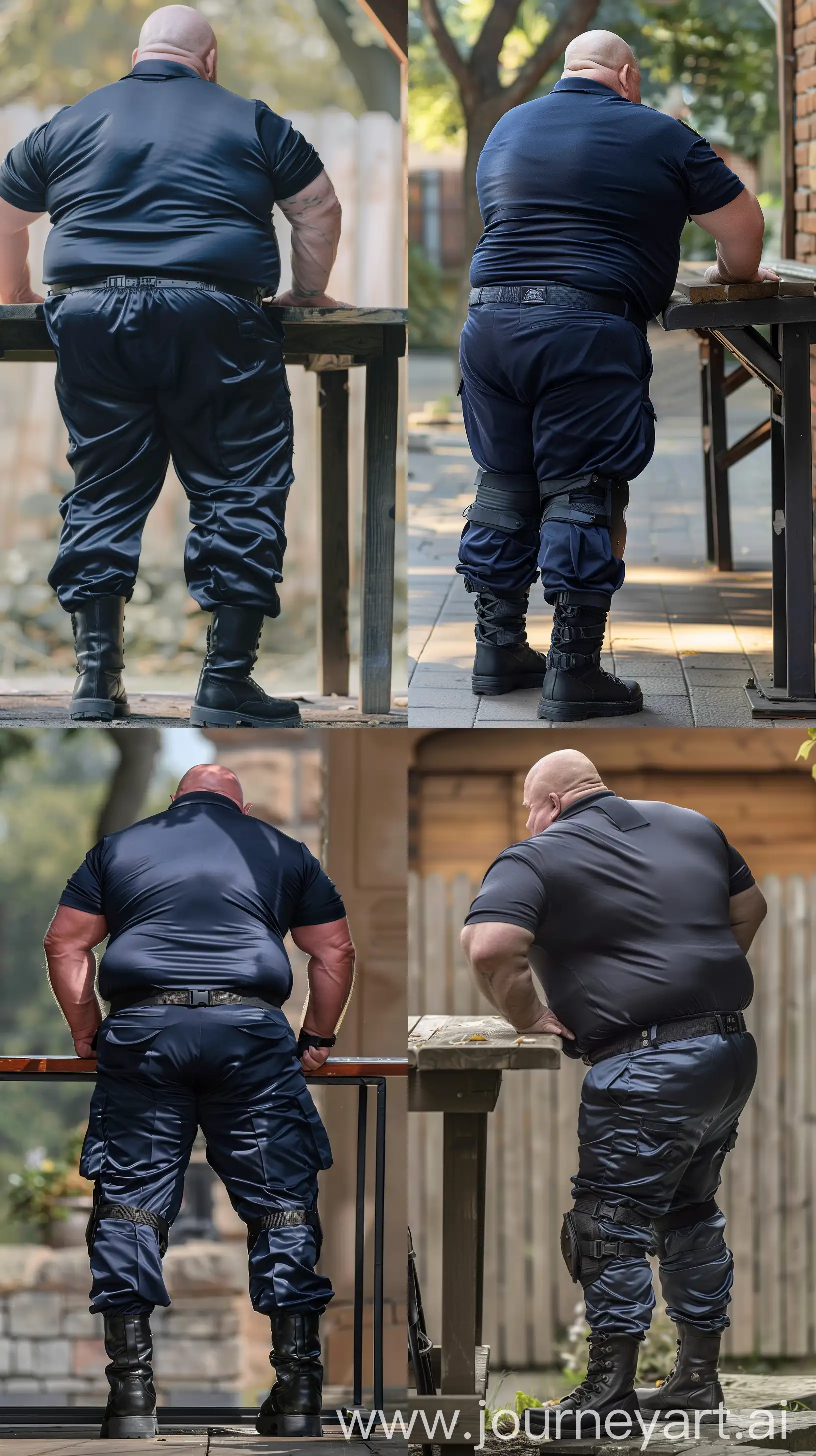 Close-up full body back view photo of a extremely fat man aged 60 standing next to a very high table. The man is wearing silk navy tight very stretched out battle pants tucked in black tactical boots, tucked in silk navy sport polo shirt and a black tactical belt. The man is standing straight and leaning forward on both hands placed on the table. His legs are crossed. Outside. Bald. Clean Shaven. Natural light. --ar 9:16