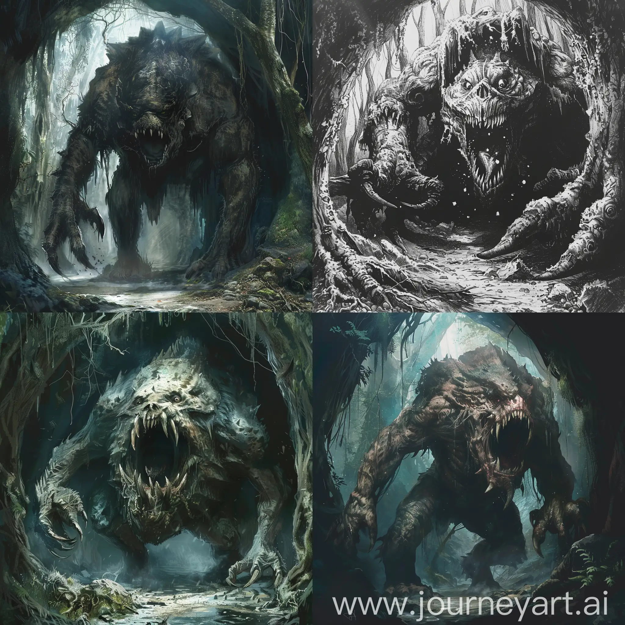 Dibuja la criatura más aterradora y grotesca que puedas realizar que sea de un gran tamaño y que emerja dentro de una gran cueva en un bosque oscuro.