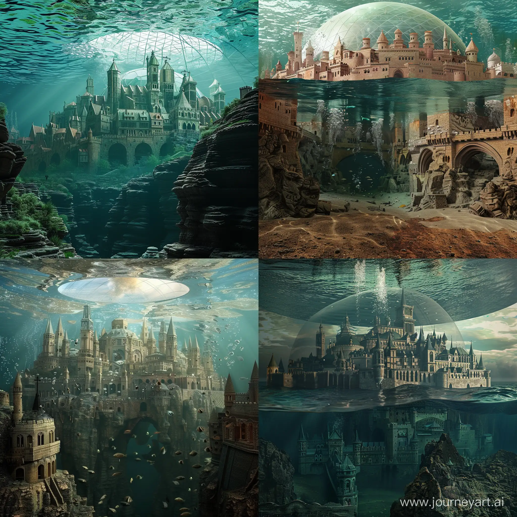 an underwater medieval city located under a dome
