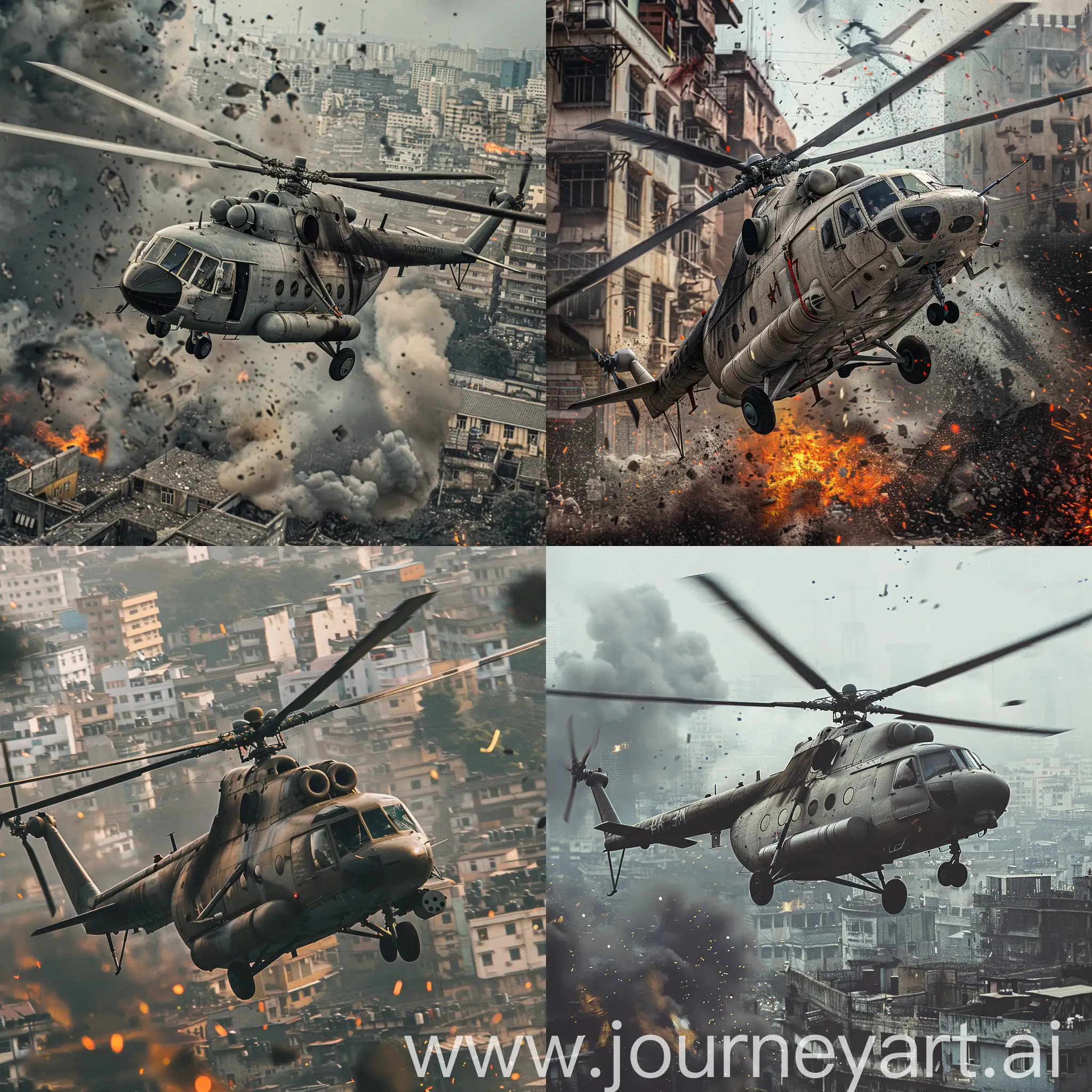 create an image of a photo of a Mi17 helicopter forcefully landing amidst the Kolkata urban area amidst heavy gunfire. make the image as if it's captured through a dslr.