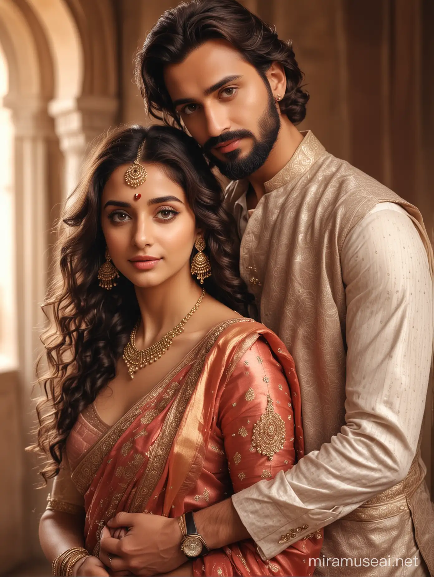 full portrait photo of most beautiful european couple as most beautiful indian couple, full body coverage,  most beautiful girl in elegant saree and long curly hairs, big wide eyes, full face, makeup, man with stylish beard,  boy perfect hair cut, formals, girl touching forehead on boy shoulder lowcut back, photo realistic, 4k.