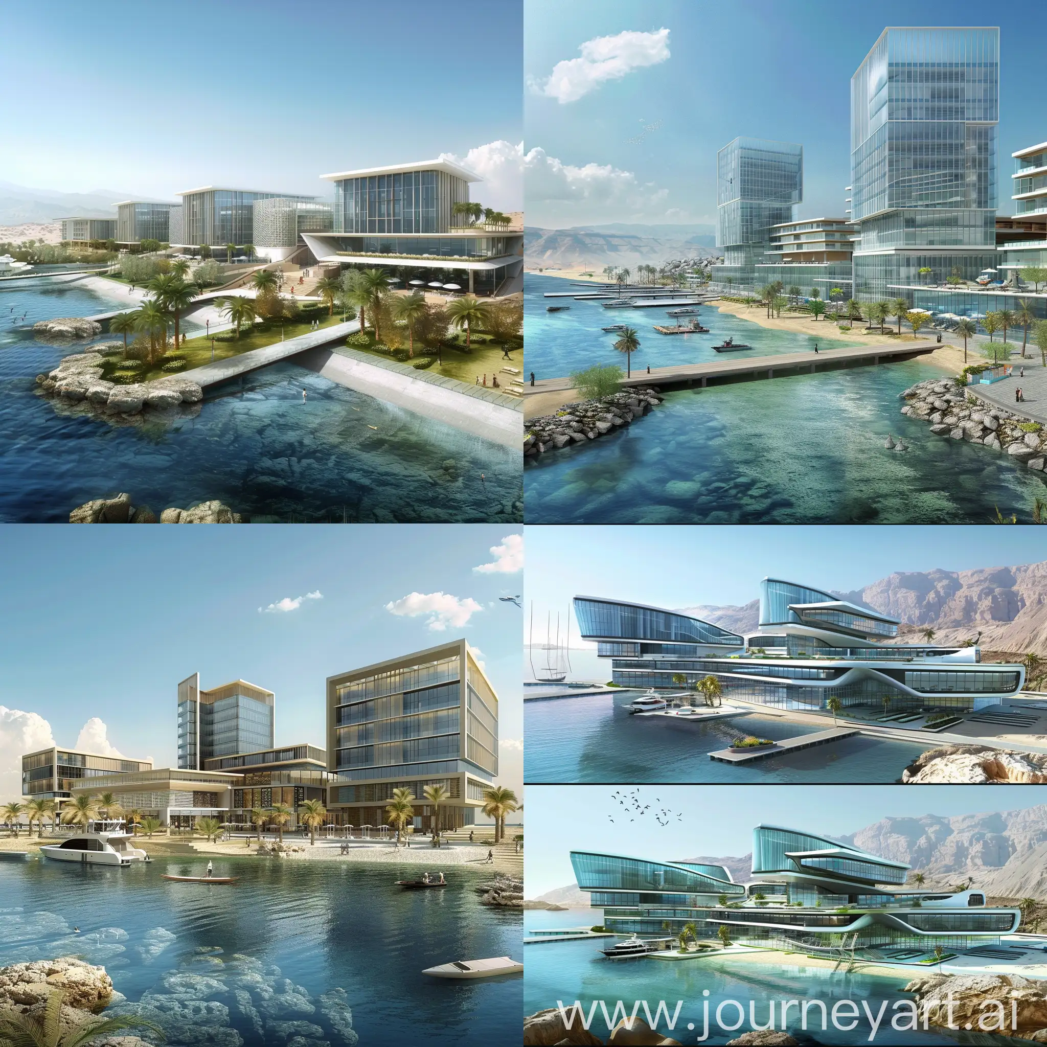 
The architectural concept for the Red Sea Coastal Complex in El Quseir is inspired by the region's maritime beauty and diverse commercial activities. The project comprises five buildings: an administrative building, offices and corporations building, medical clinics building, hotel, and entertainment facility. Located near the El Quseir port in Egypt, the complex aims to leverage the presence of import/export companies and mining offices due to the abundant mining resources in the area.

The proposed architectural theme integrates modernity with maritime elements, featuring a sleek administrative structure with glass facades for a clear sea view. The offices building emphasizes open design for collaboration, while the medical clinics building focuses on a calming atmosphere. The hotel incorporates nature-inspired designs, and the entertainment facility is contemporary and multi-functional.

To complement the concept, the addition of a small marina for tourist boats and storage facilities for import/export goods enhances the practicality of the complex. The design promotes sustainability, cultural integration, and efficient utilization of the region's resources. The overall vision is to create a unique and vibrant environment that caters to various needs while harmonizing with the coastal surroundings in El Quseir.