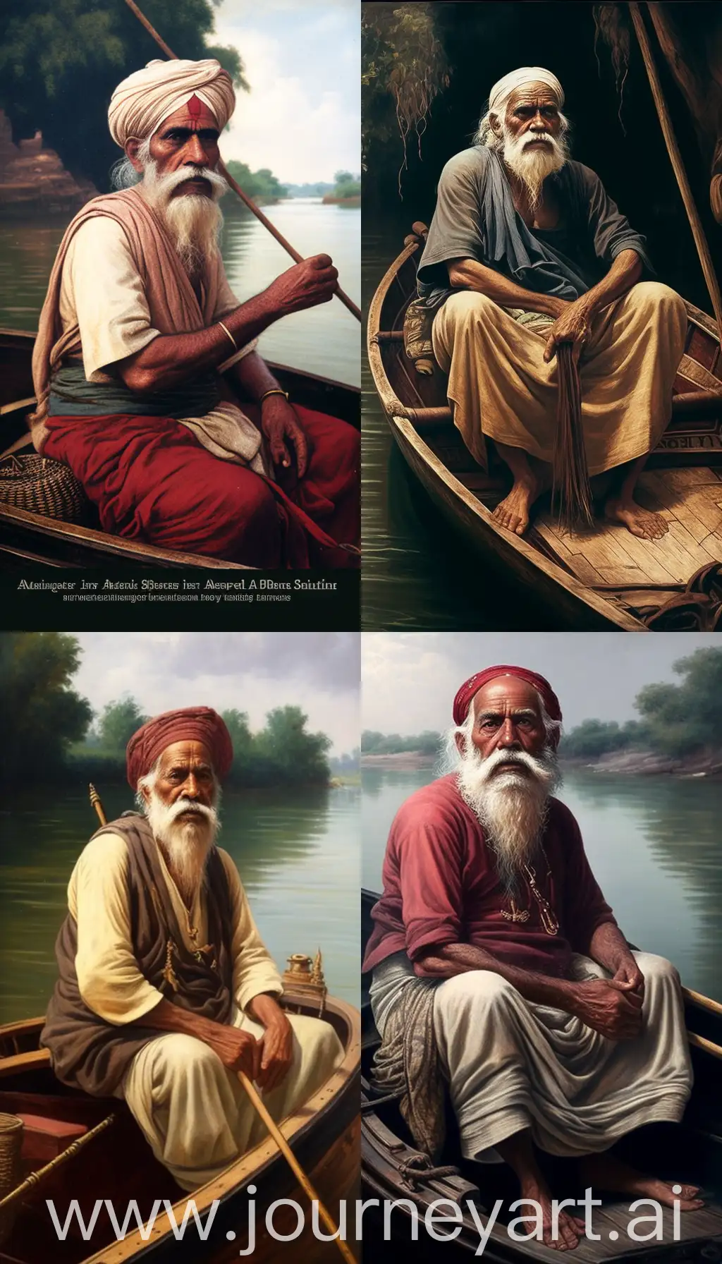 An elderly Indian fisherman from ancient Indian times, seated on his boat floating on the river, ready to throw the net to catch fish, intricate details, 8k image in Raj Ravi Varma art style --ar 9:16 --v 4