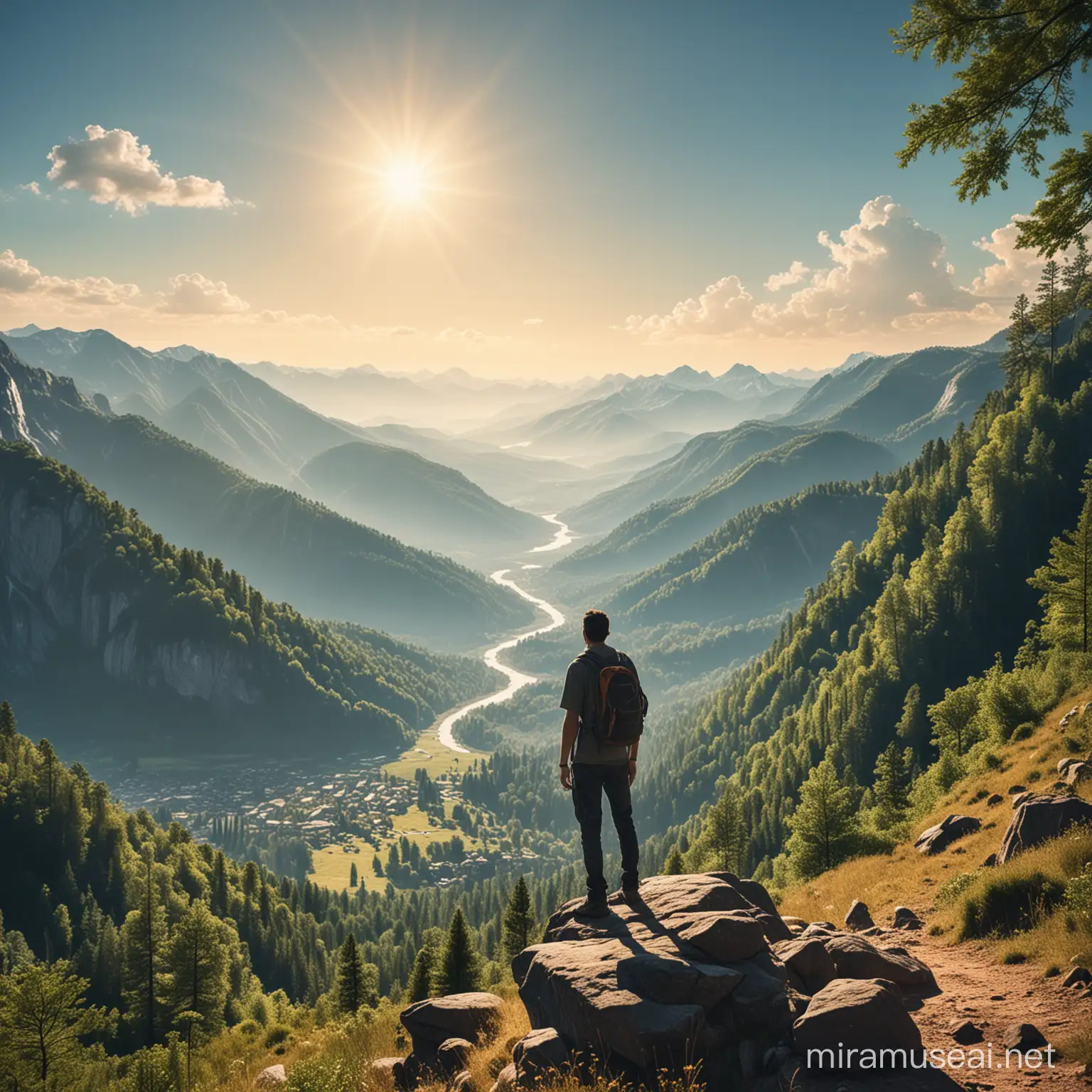 a man staring into a future world in the forest free from work with mountain in the background and he is hiking and its a very sunny day and in the distance you can see a city
