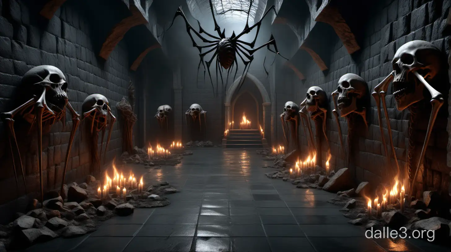 photorealistic dark ancient fantasy dungeon corridor, human bones on floor, horror fantasy creatures stone sculptures growing from dark walls, burning torches on wall, high ceiling with mediaeval chandsliers, spider nets, dripping water, fantasy, ancient