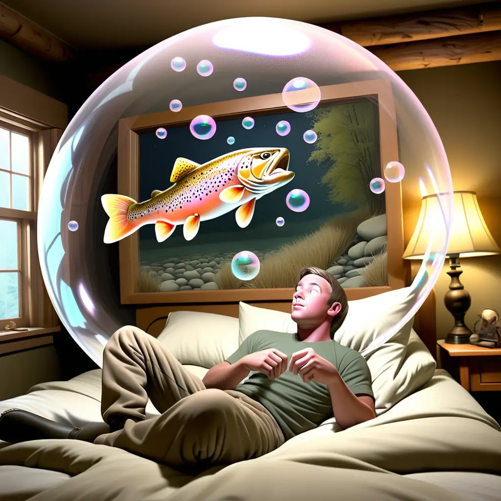 a picture a a guy laying in bed with a dream bubble above him. Inside the dream bubble is a picture of him  in a river in Montana, catching a brown trout.