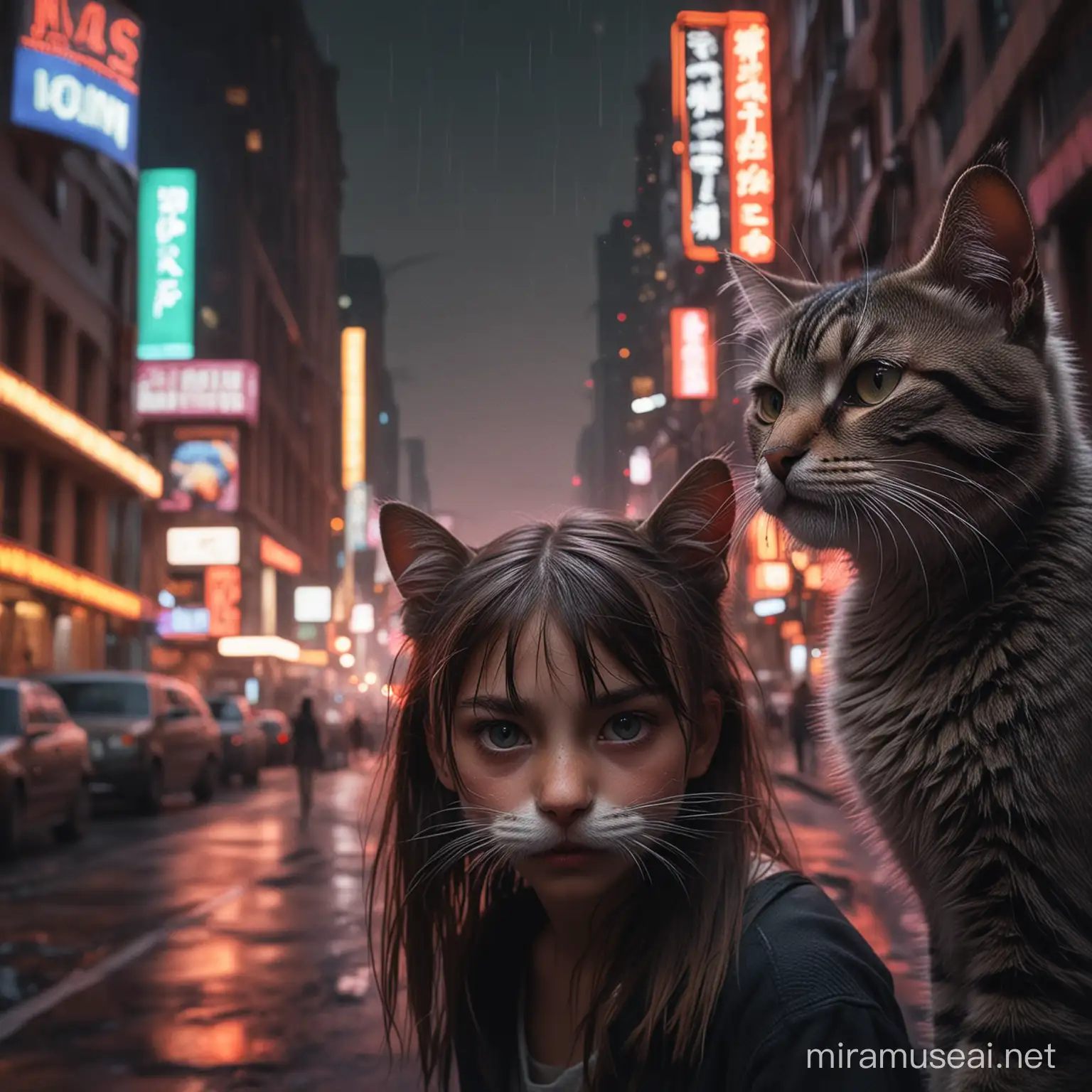 A breathtaking new masterpiece of the wild tribe     cats were captured by photographer Wlop. A girl, 10 years old, surrounded by the neon lights of the big city. A well-composed image contains great cinematic elements that create a sense of realism and live action. The ultra-realistic and highly detailed photo has a sharp emphasis on the intense expression of the girl-cat, reminiscent of a scene from a dystopian film., photo, film, photo, cinematography a sharp emphasis on the intense expression of a girl-cat, reminiscent of a scene from a dystopian film., photo, film, photo , cinematography