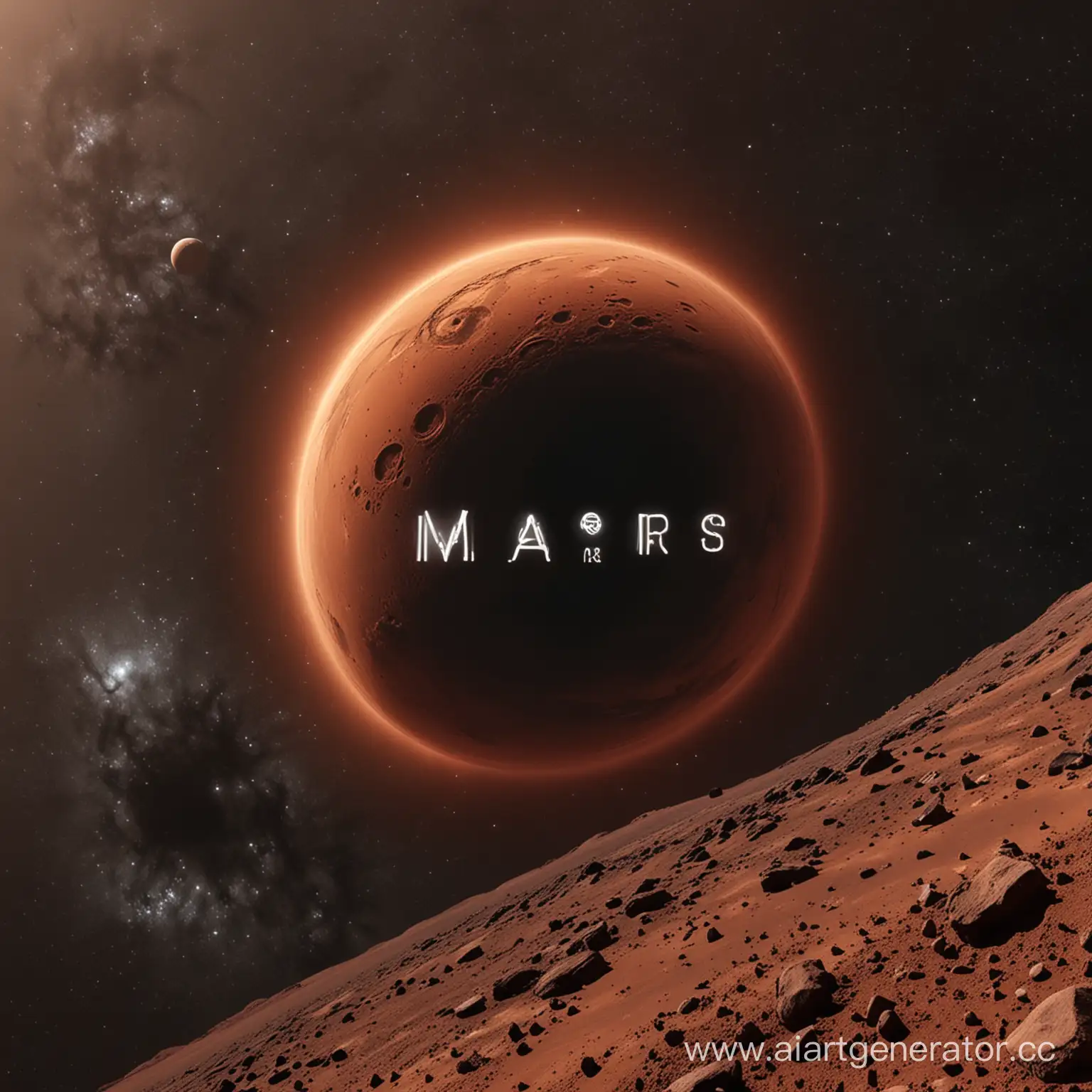 Марс, на фоне чёрная дыра, перед Марсом задекларированная надпись GMD MARS которая отлично вписывается по цвету в окружение.