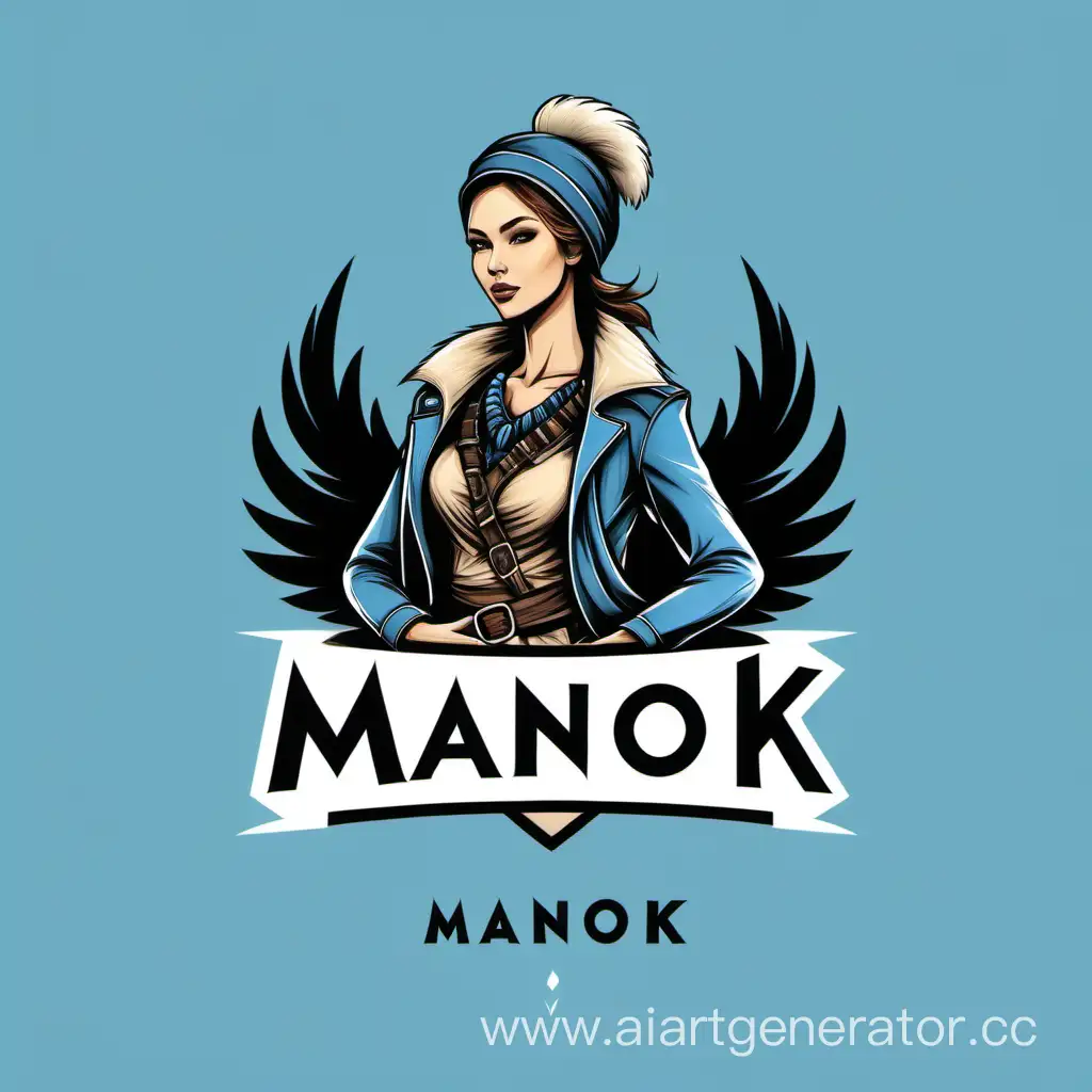 создать логотип линейки женской одежды, красивая женщина-охотник для привлечения особи, цвета  синий, голубой, черный, бежевый, белый, надпись "MANOK"
