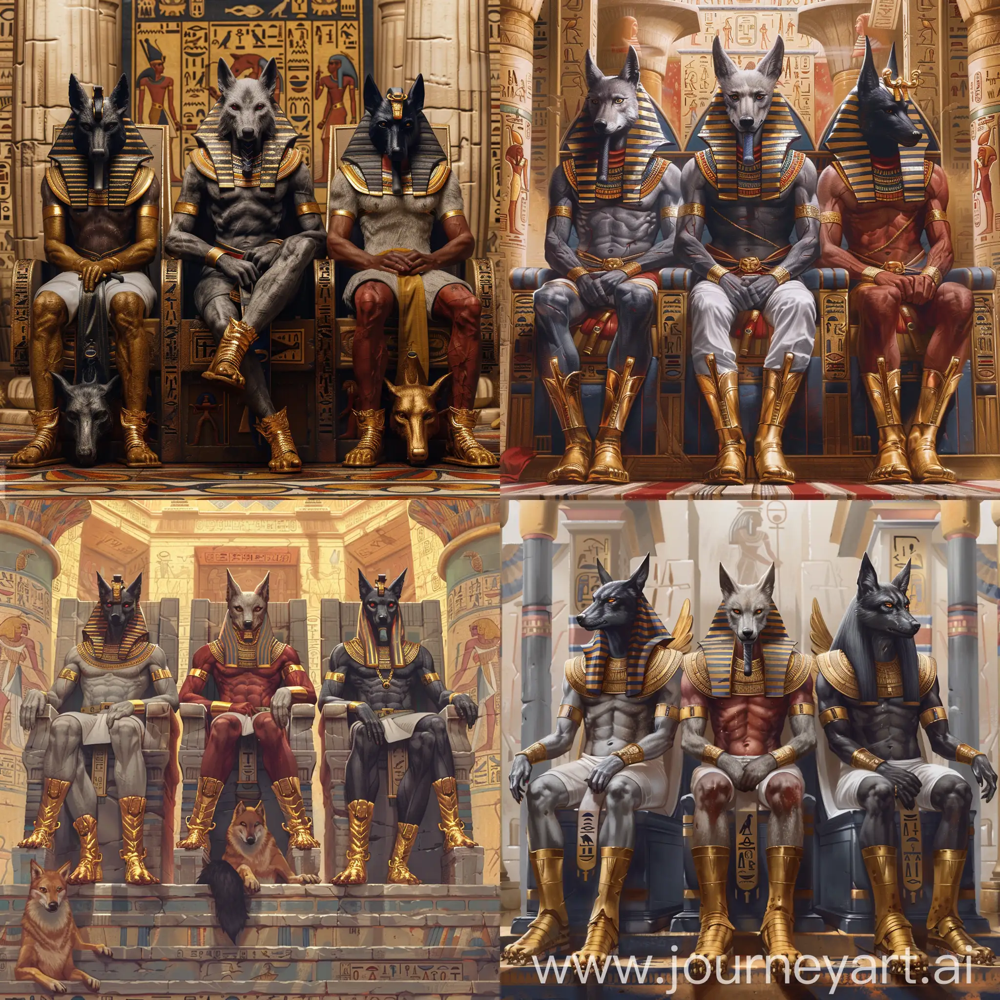 Three Egyptian Gods are sitting on their imperial thrones, they all have their own jackal wolf head and golden boots.

The first one is Wepwawet with light gray skin.
The second middle one is Set with dark red skin.
The third left one is Anubis with light black skin.

They are all inside a splendid Egyptian temple.