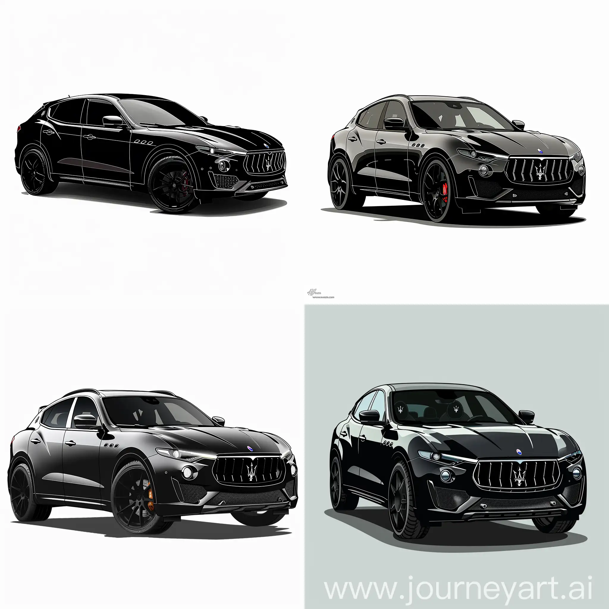 Minimalism 2D Car 2/3 View Illustration of: Black Maserati Levante, white Background, Adobe Illustrator Software, High Precision