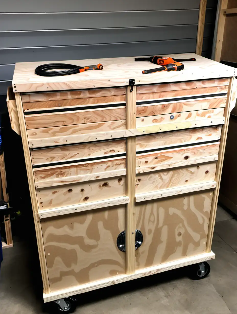 DIY Rolling tool cabinet in garage showing caster wheels and wood from home depot
