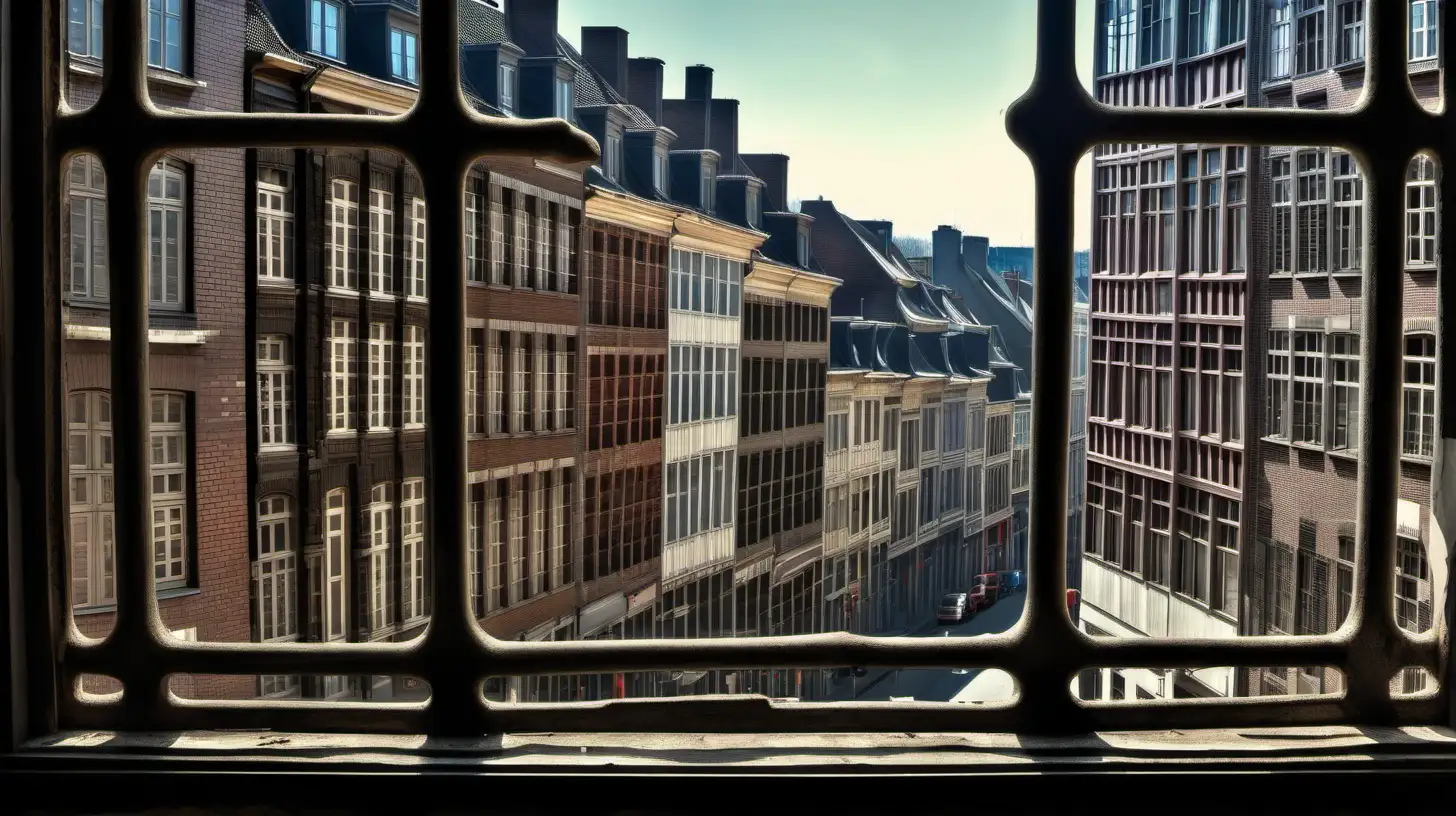 Photo-realistic, detailed, high definition. Daytime. Side view. Medium color saturation. The street life of Liège (Belgium) 1850. Viewed through a (shut lattice window), from inside a room taking some distance. (Historically correct)