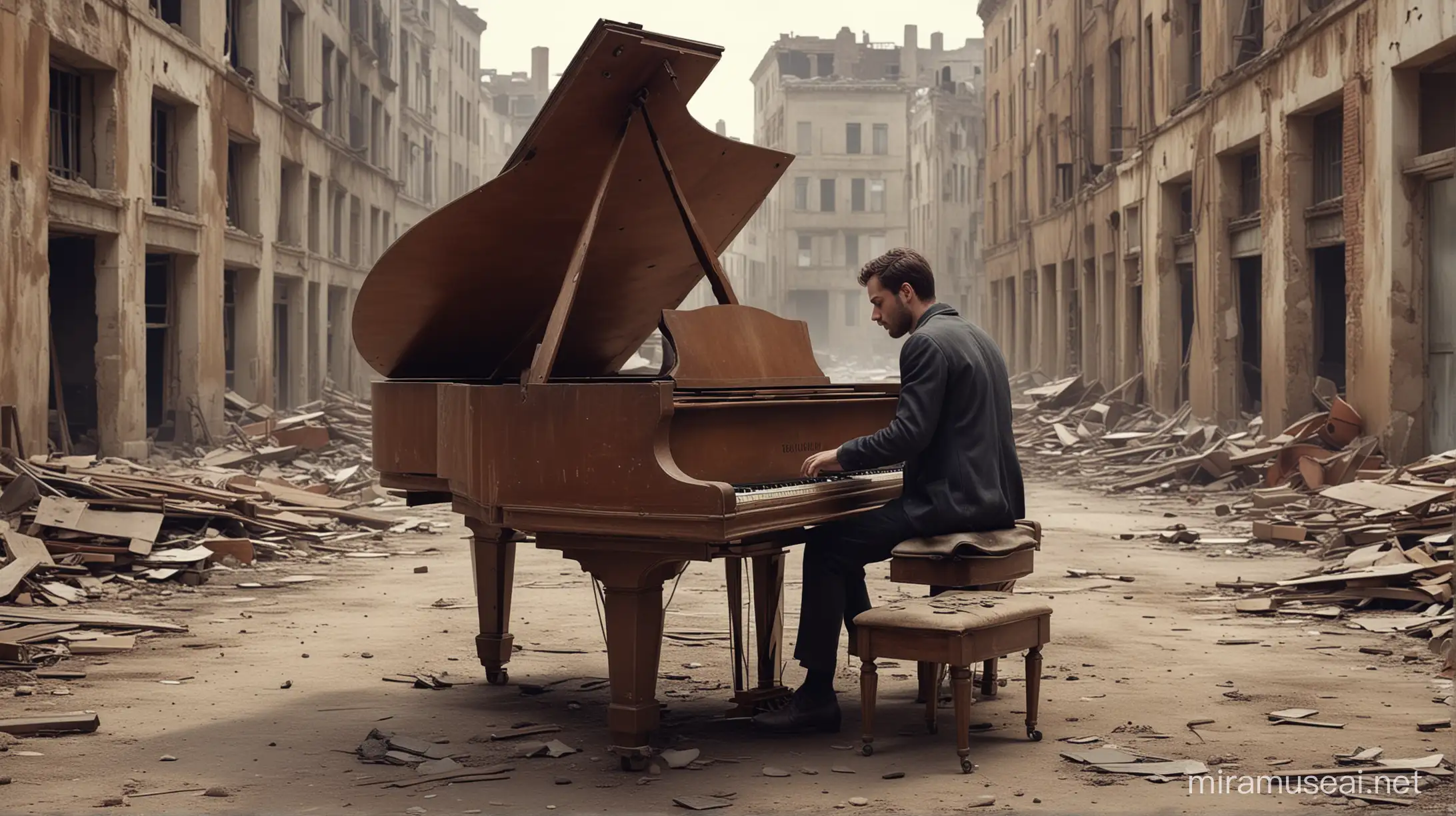 Some virtuso guy playing a grand piano in an abandoned city vintage graphic 