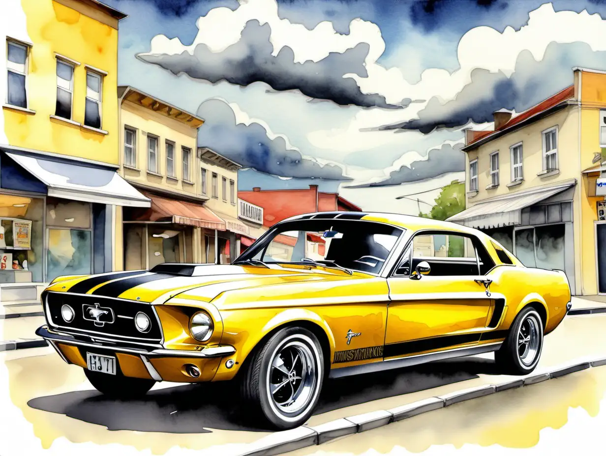 Vintage Ford Mustang 1967 Yellow with Black Stripes in Charming Small Townscape under a Beautiful Sky with Silver Lining Clouds Comic Style Masterpiece