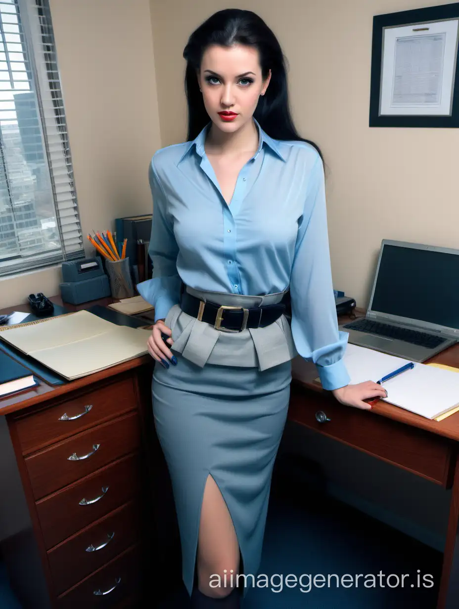 very beautiful young woman, black long hair pinned up high, large necklace, light blue blouse with very large neckline, wide belt, semi-long highly slit blue-gray pencil skirt, stockings, black pumps, friendly, detailed, full-body picture, in full size, writing deeply bent over at the desk in the study, very deep insight