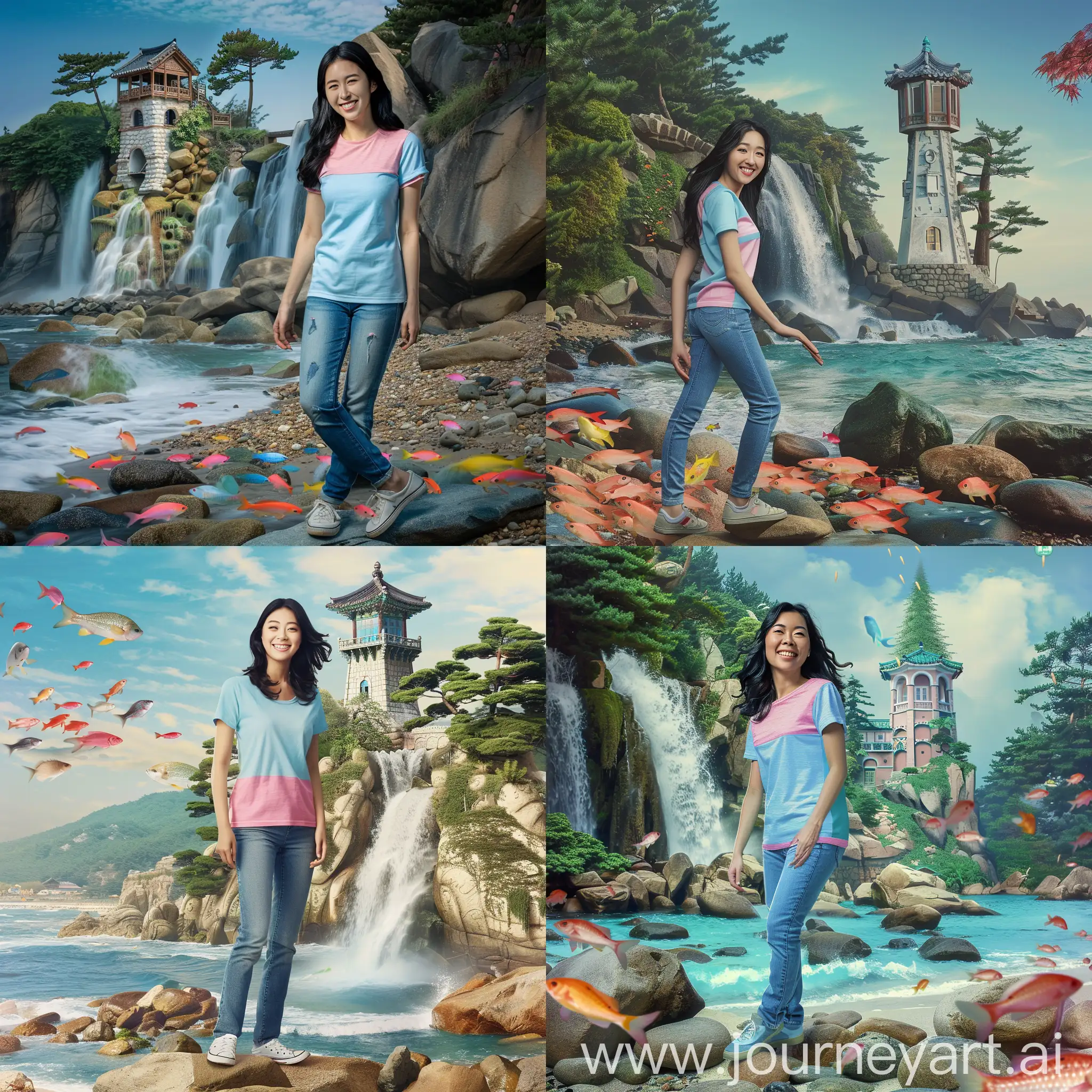 Subject: A beautiful asian Korean woman, exuding joy and warmth. Setting: She stands on rocks along a vibrant beach, with a stunning waterfall and a unique pine tree tower house in the background. Background: The beach setting features colorful fish, enhancing the natural beauty. Style/Coloring: The image is presented in high-definition, emphasizing realism. The woman wears a light blue and pink t-shirt, paired with jeans and shoes. Action: Capturing her in a smiling pose adds a positive and lively element to the image. Items: The prominent features include the waterfall, beach rocks, and a distinctive pine tree tower house. Costume/Appearance: The woman's attire consists of a light blue and pink t-shirt, jeans, and shoes, complementing her black hair and bright face. Accessories: No specific accessories mentioned in the prompt, focusing on the natural and casual elements. HD: The image is high-definition, ensuring clarity and visual appeal. Original Photo: Emphasizes authenticity and uniqueness with an original shot. Full Body: The woman is portrayed in a full-body view, providing a comprehensive visual experience. Realistic.