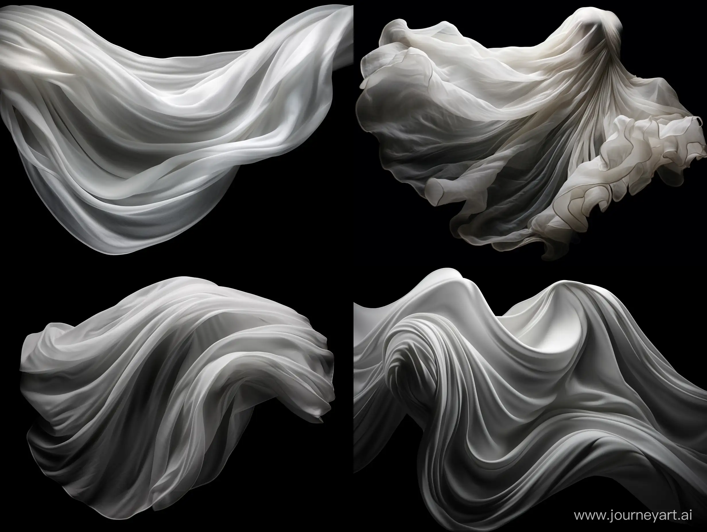 a white, real and mysterious flowing fabric, made like a real epic fantasy, which fits perfectly into the image and it is isolated on a black background.