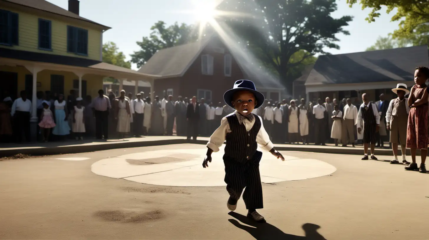 The midday sun casts sharp shadows as the foolish residents showcase their absurd talents in the village center grounds . Baby Ananse,Dressed as an American gangster in his disguise, plays along in the dynamic lighting, adding an element of humor to the scene.