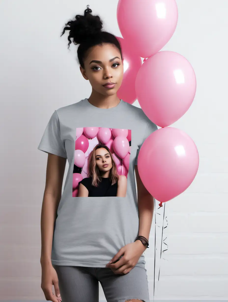 Beautiful Girl in Sport Gray Gildan Unisex TShirt with Pink and Black Balloons