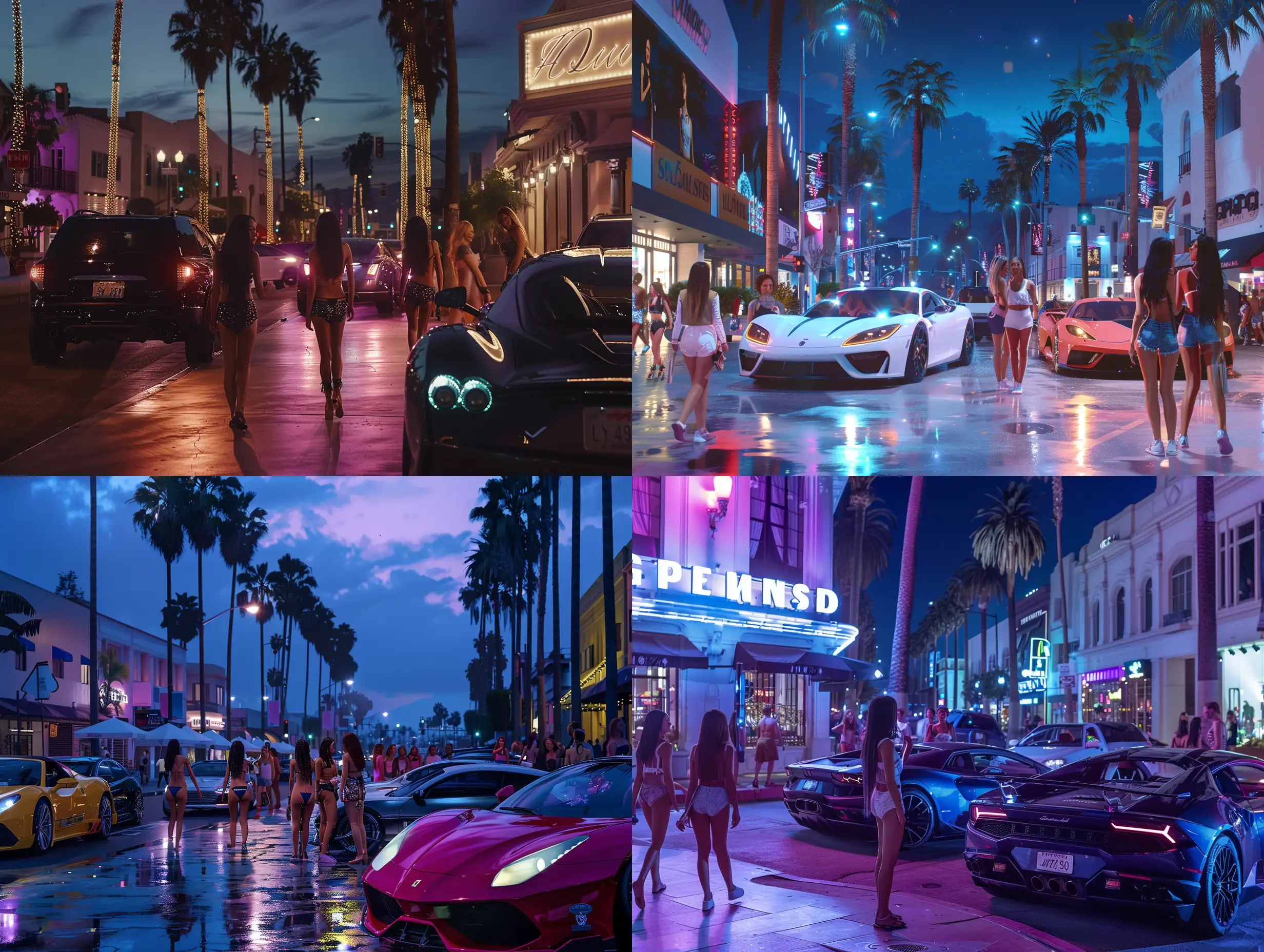 Late-Night-Stroll-on-Figueroa-Street-South-Los-Angeles-with-Girls-and-Luxury-Cars